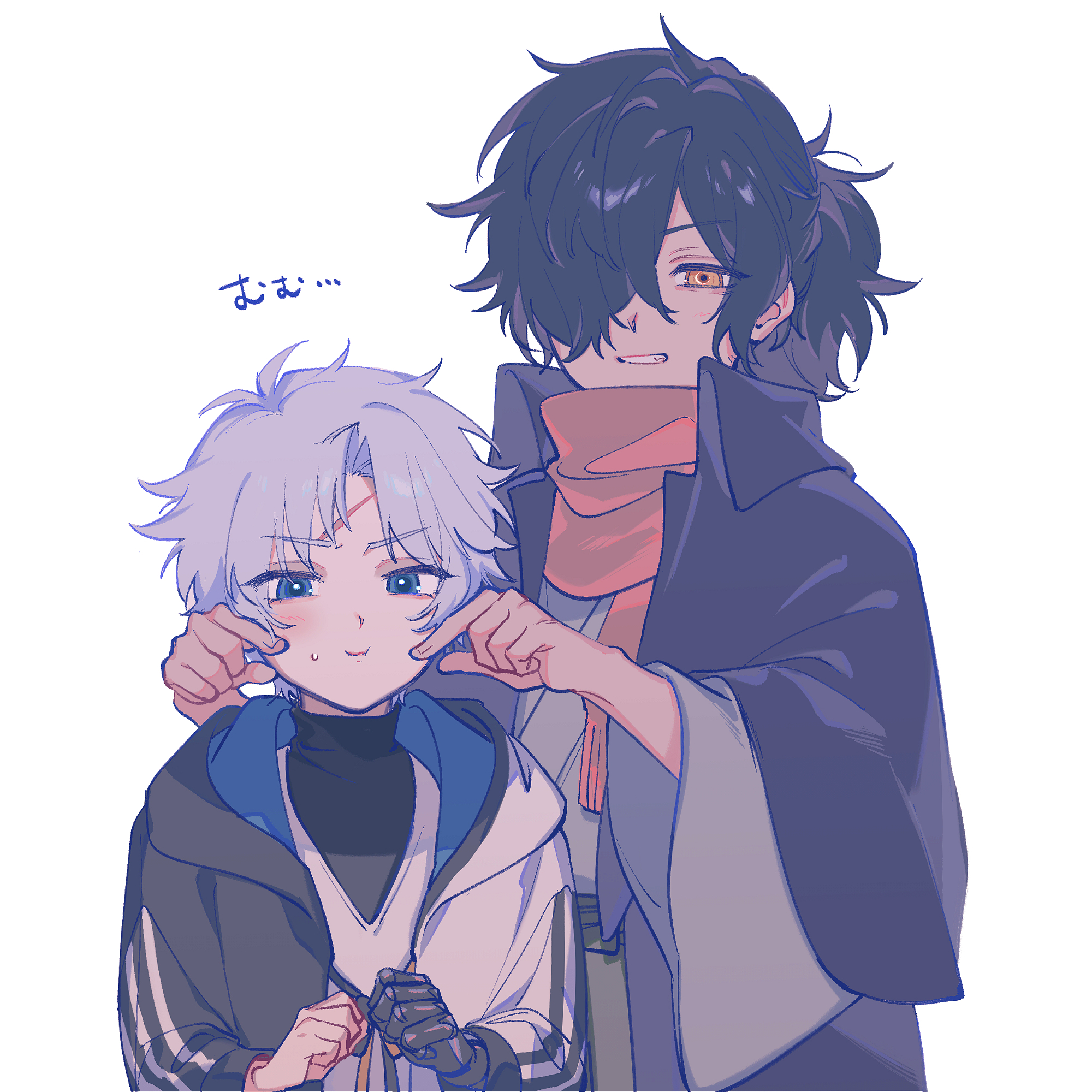 chago (aruchagos7180), okada izou (fate), toudou heisuke (fate), fate/grand order, fate (series), highres, 2boys, black coat, black hair, black jacket, blue eyes, cheek pinching, coat, collared coat, grey kimono, grin, hair over one eye, hood, hood down, hooded jacket, jacket, japanese clothes, kimono, multicolored jacket, multiple boys, open clothes, open jacket, orange eyes, orange scarf, pinching, prosthesis, prosthetic arm, scar, scar on face, scar on forehead, scarf, shirt, simple background, smile, sweat, triple vertical stripe, turtleneck, two-tone jacket, undershirt, v-neck, white background, white hair, white jacket, white shirt