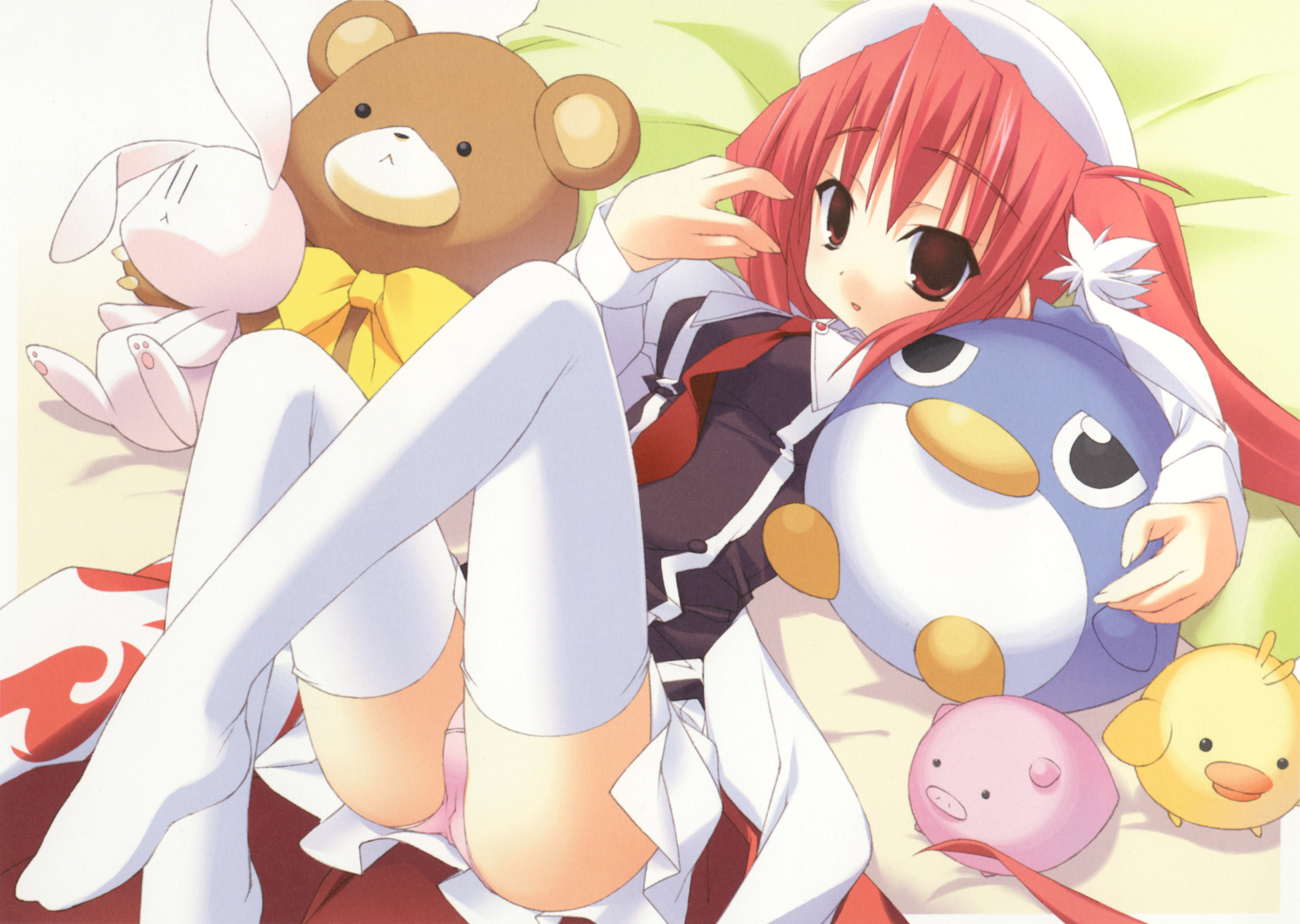 kannagi rei, nire sumika, haruka ni aogi uruwashi no, absurdres, highres, 1girl, bed, feet, female focus, hat, legs up, lying, necktie, no shoes, panties, pantyshot, pink panties, school uniform, skirt, solo, stuffed animal, stuffed toy, thighhighs, underwear, upskirt, white thighhighs