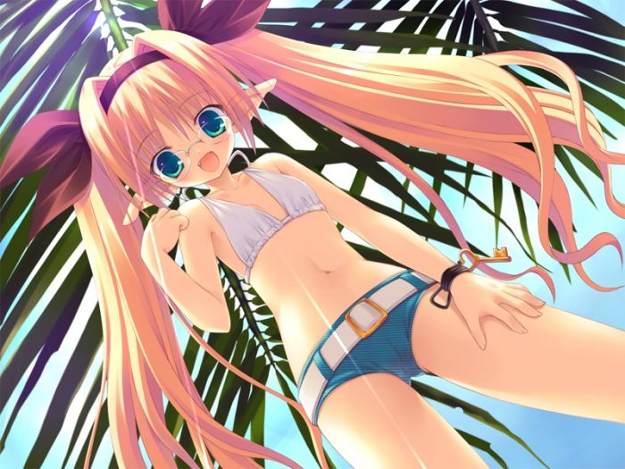 carol, carol miruto, wizard girl ambitious, game cg, 10s, 1girl, :d, aqua eyes, belt, bikini, bikini top only, blonde hair, dutch angle, elf, fang, female focus, flat chest, from below, glasses, green eyes, hairband, key, long hair, open mouth, pointy ears, ribbon, short shorts, shorts, smile, solo, swimsuit, twintails