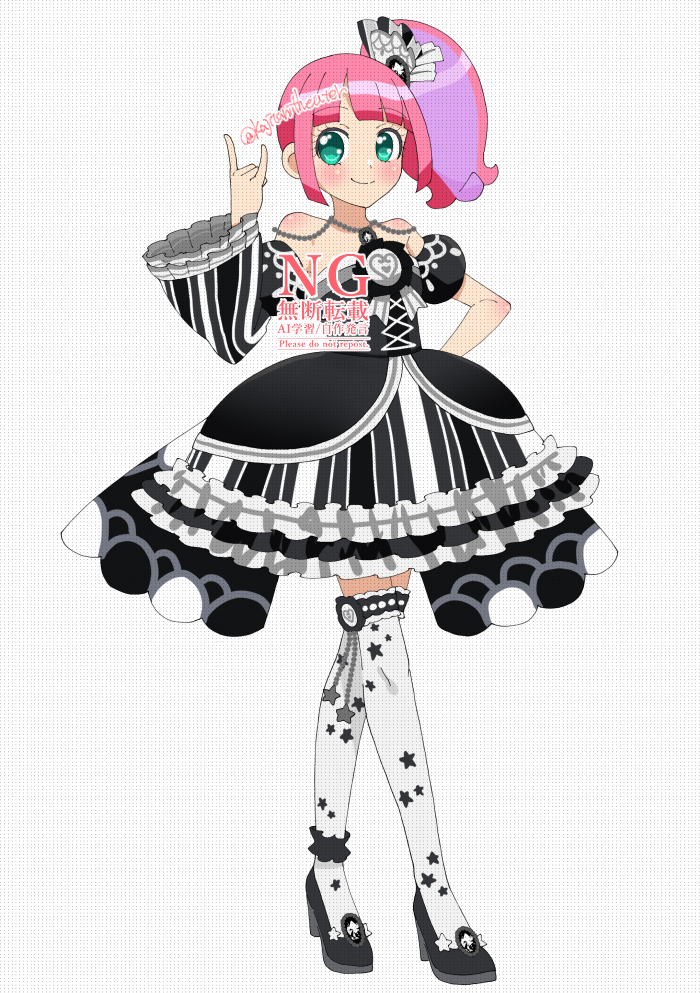 kanon (pripara), pretty series, pripara, commentary request, 1girl, asymmetrical sleeves, black dress, black shoes, bubble skirt, closed mouth, dress, frilled dress, frills, green eyes, hand up, high heels, kajitani kou, long hair, looking at viewer, multicolored hair, pink hair, puffy short sleeves, puffy sleeves, purple hair, shoes, short dress, short sleeves, side ponytail, skirt, smile, standing, streaked hair, thighhighs, white thighhighs