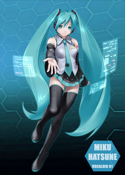 niku, nikuoji, hatsune miku, vocaloid, 1girl, aqua eyes, aqua hair, detached sleeves, female focus, headset, legs, long hair, necktie, skirt, solo, thighhighs, twintails, very long hair, zettai ryouiki