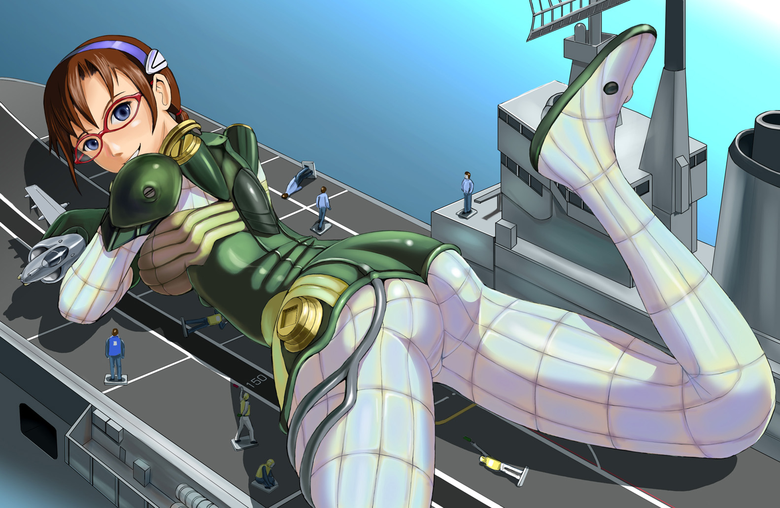 mimura kaoru, makinami mari illustrious, evangelion: 2.0 you can (not) advance, neon genesis evangelion, rebuild of evangelion, 00s, 1girl, aircraft, aircraft carrier, airplane, ass, blue eyes, brown hair, female focus, glasses, hairband, hawker harrier, long hair, looking back, lying, mecha pilot suit, military, military vehicle, multicolored bodysuit, plugsuit (evangelion), ship, smile, solo, toy, two-tone bodysuit, warship, watercraft