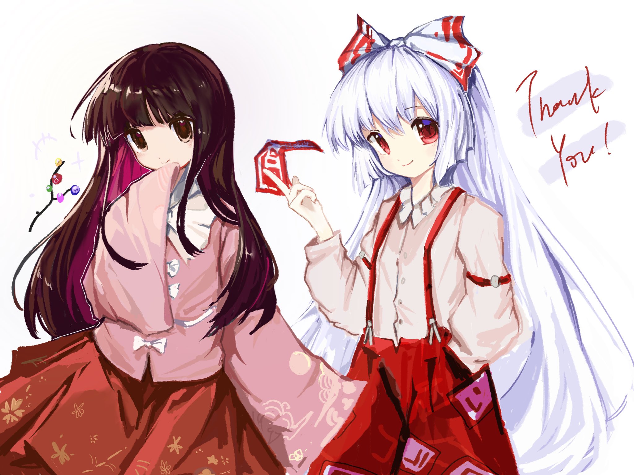fujiwara no mokou, houraisan kaguya, touhou, commentary request, highres, 2girls, baggy pants, bamboo print, belt, between fingers, blunt bangs, bow, bowtie, branch, brown eyes, brown hair, buttons, closed mouth, cloud print, collared shirt, colored inner hair, cowboy shot, english text, floral print, hair between eyes, hair bow, hand in pocket, hand up, holding, holding ofuda, jeweled branch of hourai, lei niao3375, long hair, long sleeves, looking at viewer, moon print, multicolored hair, multiple girls, ofuda, ofuda on clothes, pants, pink hair, pink shirt, puffy long sleeves, puffy sleeves, red eyes, red pants, red skirt, shirt, sidelocks, simple background, skirt, smile, standing, suspenders, thank you, white background, white belt, white bow, white bowtie, white hair, white shirt, wide sleeves