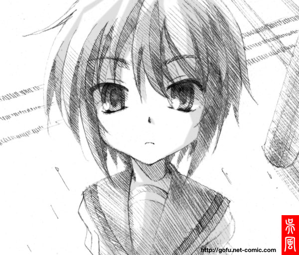 gofu, nagato yuki, suzumiya haruhi no yuuutsu, traditional media, 00s, 1girl, female focus, greyscale, monochrome, school uniform, serafuku, short hair, sketch, solo