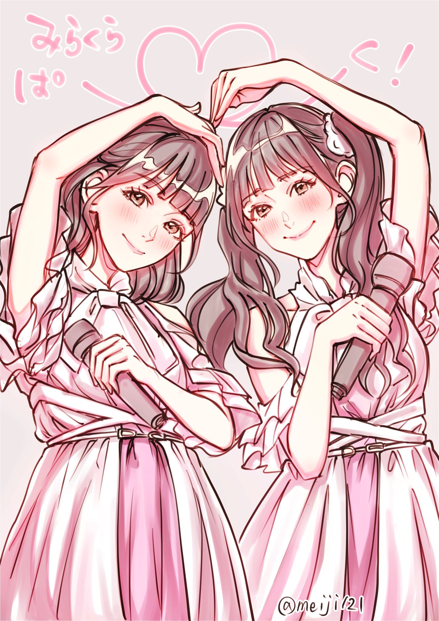 meiji (mosamoo3), kan kanna, tsukine kona, link! like! love live!, link to the future (love live!), love live!, real life, commentary request, highres, 2girls, 2nd live tour ~blooming with ooo~, animification, bare shoulders, black hair, blunt bangs, blush, brown eyes, closed mouth, clothing cutout, cowboy shot, dress, flower, frilled dress, frills, grey background, hair flower, hair ornament, heart arms, heart arms duo, holding, holding microphone, lips, long hair, looking at viewer, microphone, mira-cra park!, multiple girls, pink dress, short sleeves, shoulder cutout, simple background, split mouth, twintails, twitter username, voice actor, white flower