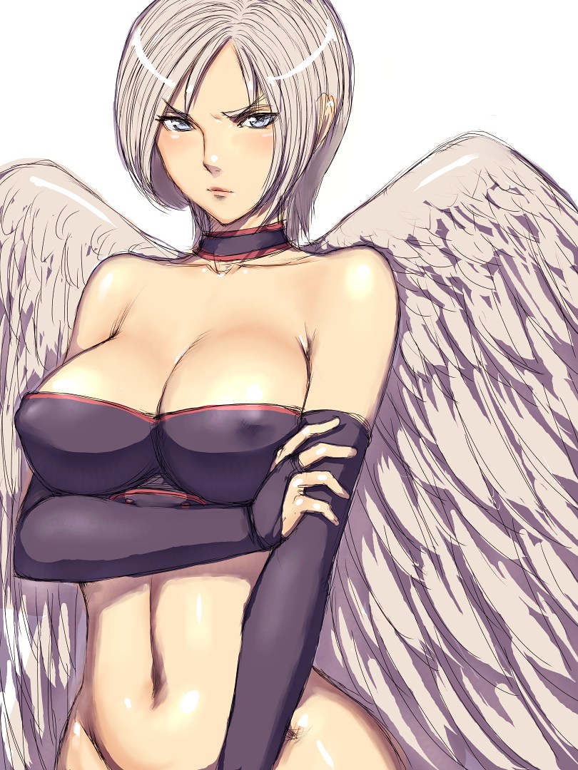 fumio (rsqkr), raviel, dragon quest, dragon quest ix, level-5, square enix, silver hair, character request, copyright request, 1girl, angel wings, bare shoulders, blush, bottomless, breasts, cleavage, covered erect nipples, female focus, gloves, grey eyes, large breasts, sketch, solo, wings