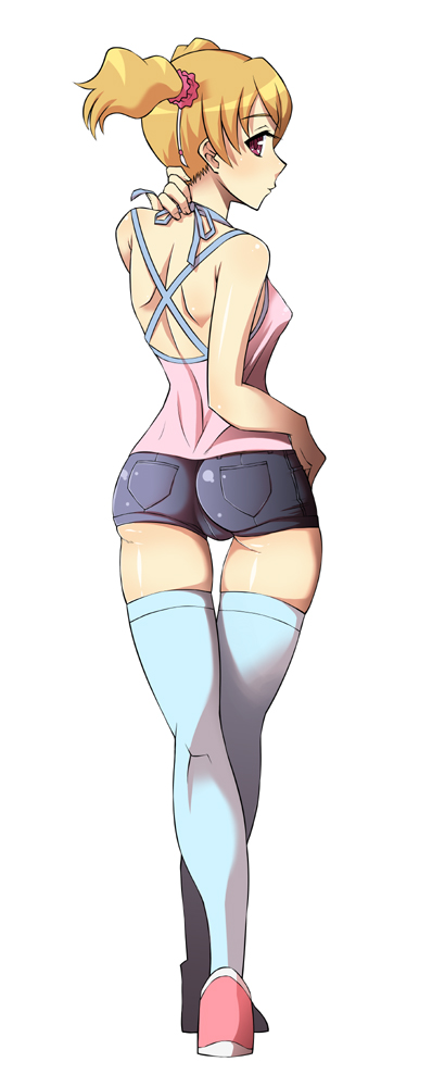 enoshima iki, momozono love, fresh precure!, precure, 00s, 1girl, ass, bare shoulders, blue thighhighs, brown eyes, brown hair, crossed legs, female focus, short hair, short shorts, shorts, solo, standing, thighhighs, twintails, watson cross