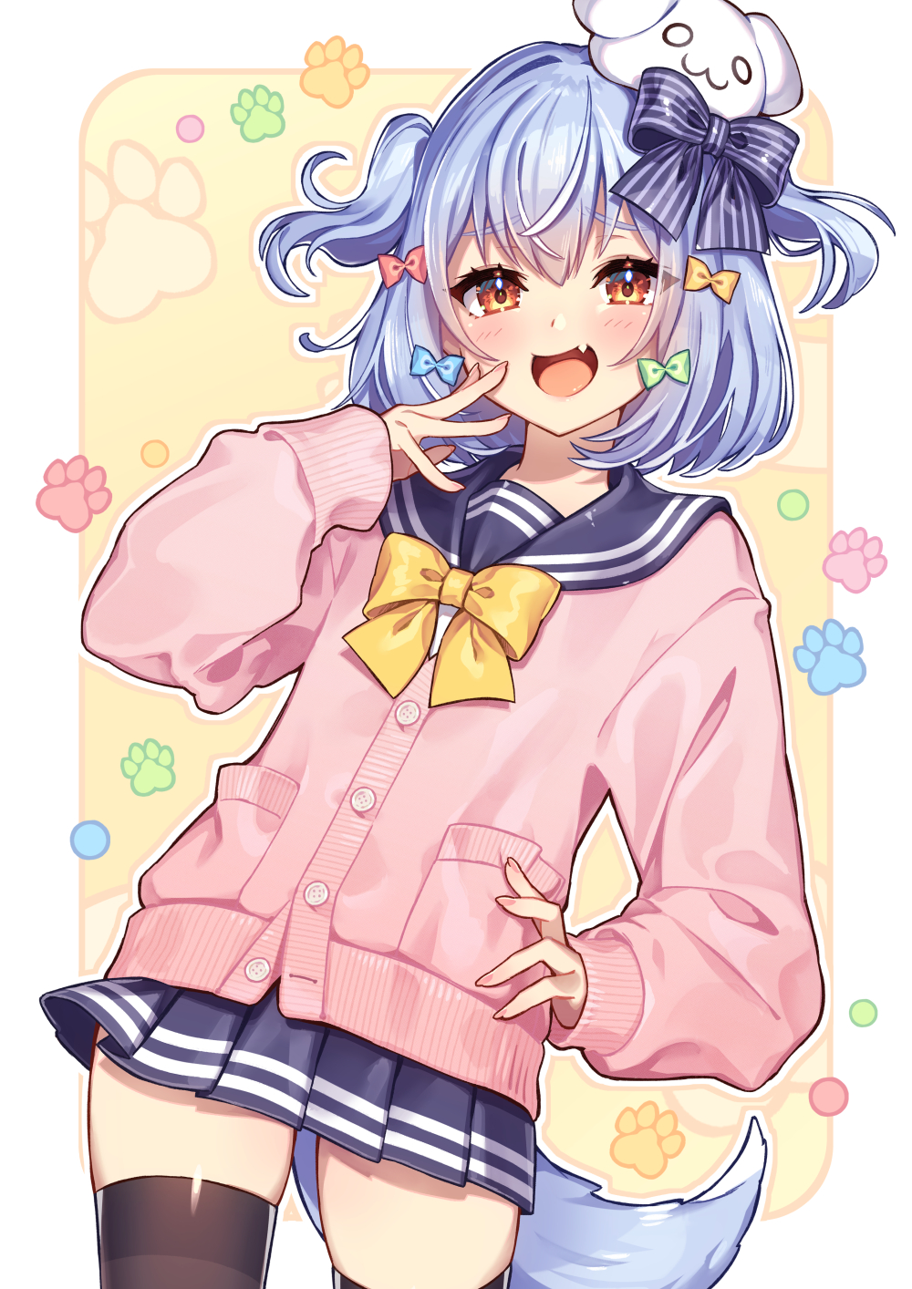 nou (nounknown), inuyama tamaki, inuyama tamaki (1st costume), noripro, commentary request, commission, highres, skeb commission, 1boy, animal, animal on head, black thighhighs, blue bow, blue hair, blue sailor collar, blue skirt, blush, border, bow, bowtie, cardigan, cowboy shot, dog tail, finger to cheek, green bow, hair bow, hand on own hip, hand up, looking at viewer, male focus, on head, paw print, paw print background, pink cardigan, pleated skirt, red bow, sailor collar, short hair, skindentation, skirt, smile, solo, striped bow, tail, thighhighs, tongue, two side up, virtual youtuber, yellow background, yellow bow, yellow bowtie