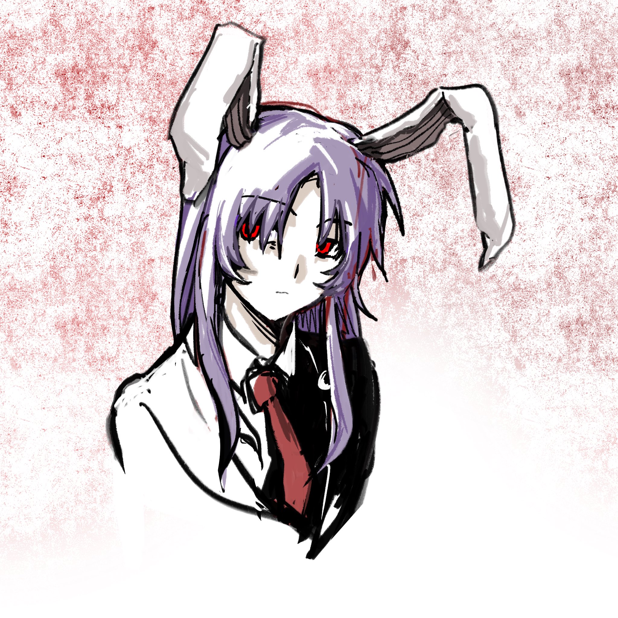 reisen udongein inaba, touhou, highres, 1girl, animal ears, black jacket, closed mouth, collared shirt, crescent, crescent pin, empty eyes, hair between eyes, half-closed eyes, jacket, lapels, lei niao3375, long hair, looking at viewer, necktie, parted bangs, purple hair, rabbit ears, rabbit girl, red eyes, red necktie, shirt, sidelocks, solo, upper body, white background, white shirt