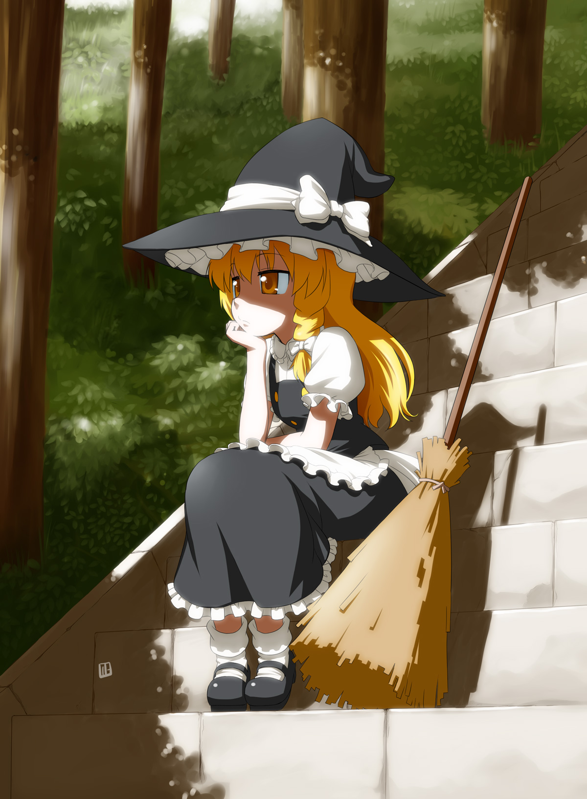 nagian, kirisame marisa, touhou, bad id, bad pixiv id, highres, 1girl, apron, blonde hair, bobby socks, bored, bow, braid, broom, day, female focus, full body, hair bow, hat, hat bow, head rest, hill, jitome, long hair, mary janes, nature, puffy sleeves, ribbon, shade, shadow, shoes, short hair, short sleeves, side braid, signature, single braid, sitting, sitting on stairs, socks, solo, stairs, tree, witch, witch hat, yellow eyes