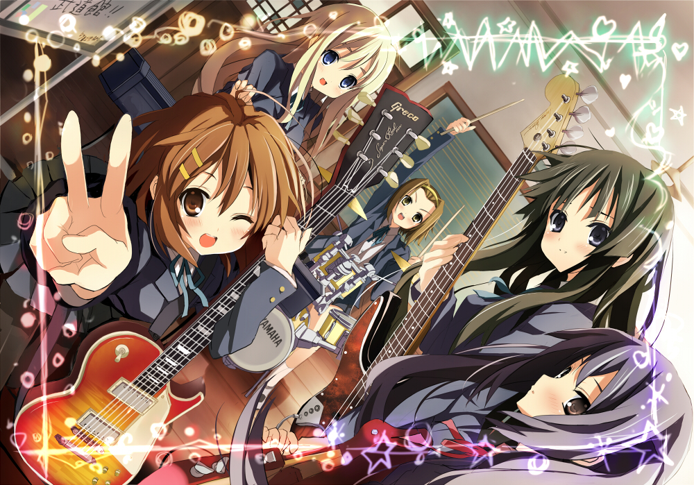 shino (eefy), akiyama mio, hirasawa yui, kotobuki tsumugi, nakano azusa, tainaka ritsu, k-on!, md5 mismatch, 00s, 5girls, bass guitar, black eyes, black hair, blonde hair, blue eyes, brown eyes, brown hair, drum, drum set, dutch angle, electric guitar, gibson les paul, guitar, ho-kago tea time, instrument, long hair, multiple girls, one eye closed, school uniform, short hair, v, wink