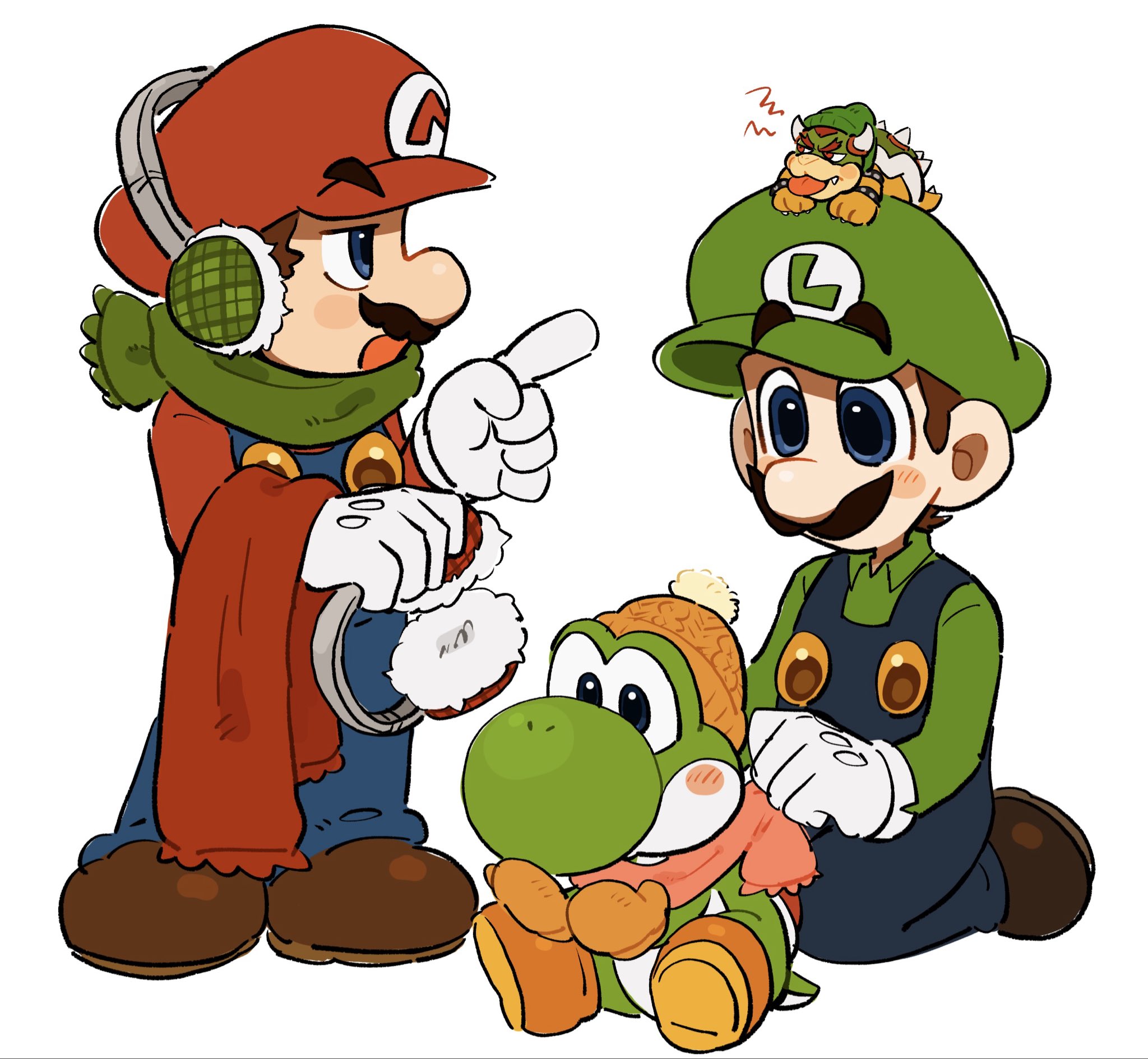 mimimi (mimimim9999), bowser, luigi, mario, yoshi, mario (series), nintendo, highres, 4boys, angry, blue eyes, blue overalls, colored skin, dinosaur, earmuffs, facial hair, full body, gloves, green hat, green scarf, green shirt, green skin, hat, horns, long sleeves, looking at another, multiple boys, mustache, open mouth, orange gloves, orange hat, overalls, pointing, pointing at another, red hat, red scarf, red shirt, reptile boy, scarf, shirt, shoes, short hair, sitting, size difference, standing, tongue, tongue out, white background, white gloves, winter clothes