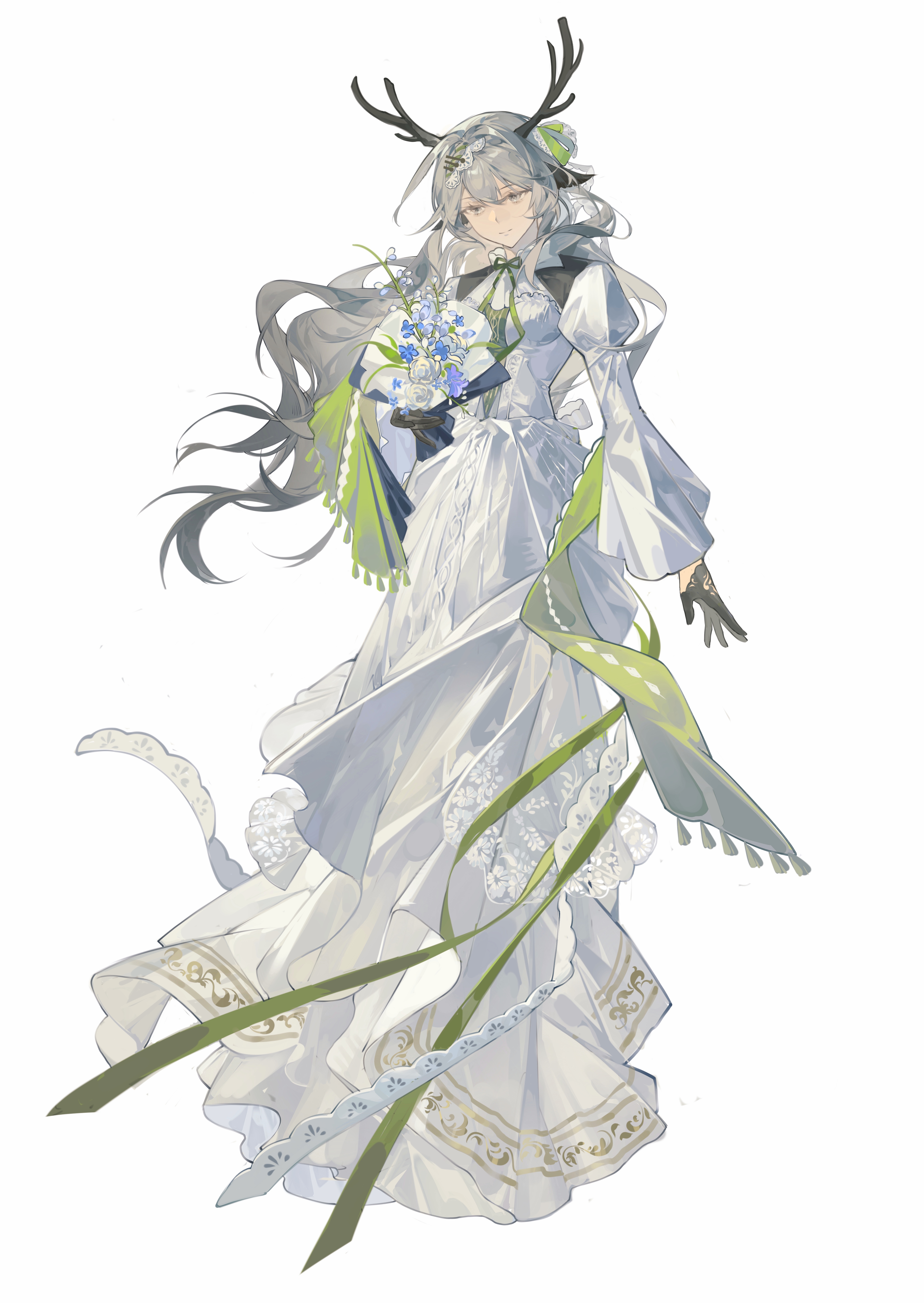 lin qing (phosphorus 1104), alina (arknights), arknights, absurdres, commentary, highres, symbol-only commentary, 1girl, alternate costume, animal ears, antlers, black gloves, blue flower, bouquet, deer ears, deer girl, flower, gloves, green shawl, grey eyes, grey hair, half gloves, holding, holding bouquet, horns, lace, long hair, long sleeves, looking down, puffy sleeves, rose, shawl, simple background, smile, solo, white background, white flower, white rose