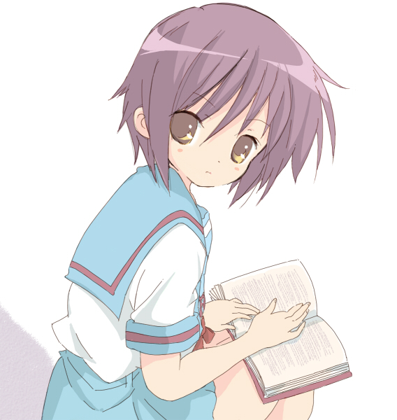 core (mayomayo), nagato yuki, suzumiya haruhi no yuuutsu, bad id, bad pixiv id, 00s, book, brown eyes, brown hair, looking back, school uniform, serafuku, short hair, solo