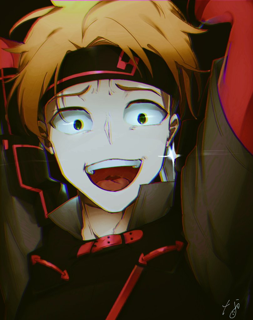 re:zero kara hajimeru isekai seikatsu, 1boy, armor, arms behind back, black armor, black background, crazy eyes, flipped hair, green eyes, headband, layered sleeves, looking at viewer, open mouth, orange hair, short hair, shoulder armor, solo, summer mikan090, todd fang