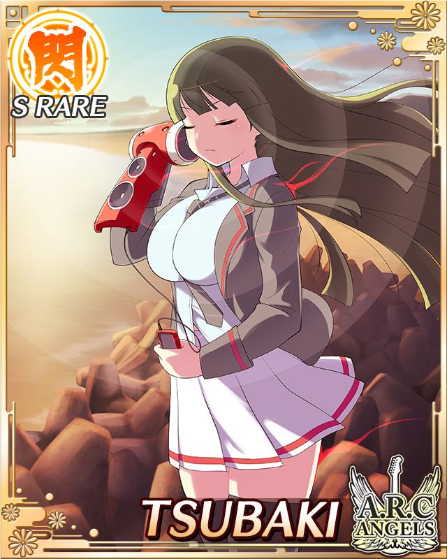 tsubaki (senran kagura), senran kagura, senran kagura new wave, game cg, official art, 1girl, between breasts, black hair, black jacket, blue shirt, border, breasts, card (medium), character name, closed eyes, closed mouth, diagonal-striped clothes, diagonal-striped necktie, english text, hime cut, jacket, large breasts, long hair, music, necktie, necktie between breasts, official alternate costume, open clothes, open jacket, pleated skirt, shirt, skirt, solo, striped clothes, white skirt