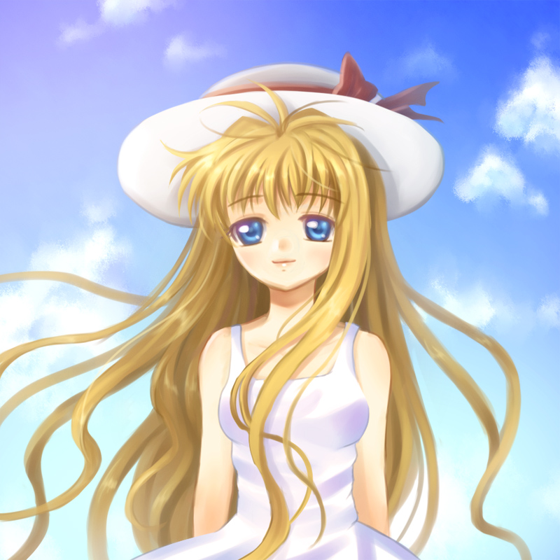 mauve, kamio misuzu, air (visual novel), bad id, bad pixiv id, 00s, 1girl, blonde hair, blue eyes, day, dress, female focus, hat, long hair, solo, sundress