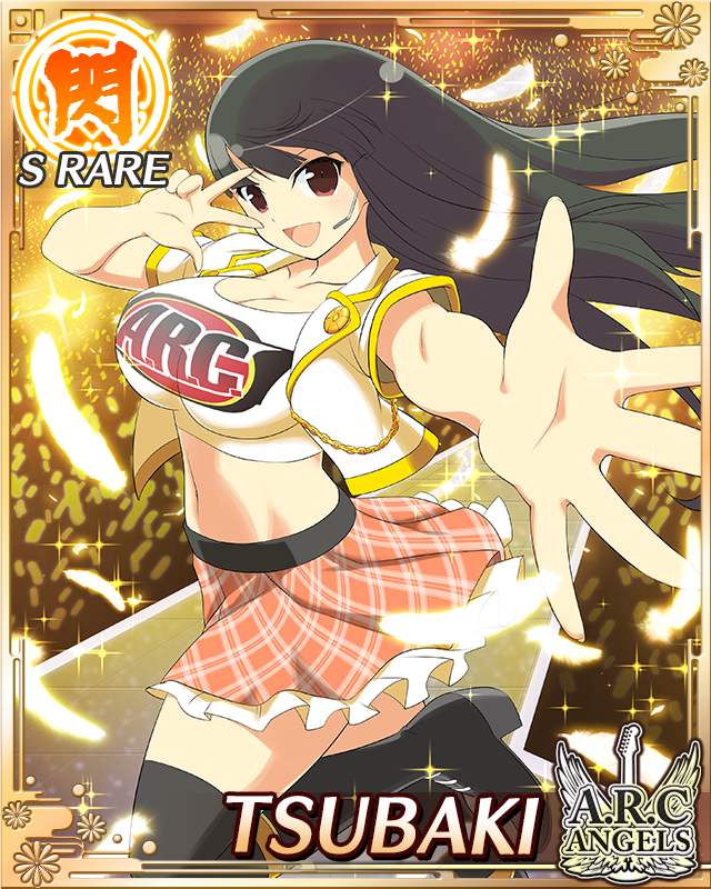 tsubaki (senran kagura), senran kagura, senran kagura new wave, game cg, official art, 1girl, :d, audience, black boots, black hair, black thighhighs, boots, border, breasts, card (medium), character name, cleavage, crop top, cropped jacket, crowd, english text, feathers, frilled skirt, frills, glowstick, headset, hime cut, jacket, large breasts, long hair, looking at viewer, navel, official alternate costume, open mouth, orange skirt, outstretched arm, penlight (glowstick), plaid clothes, plaid skirt, red eyes, shirt, skirt, smile, solo, standing, standing on one leg, thighhighs, v, v over eye, white jacket, white shirt