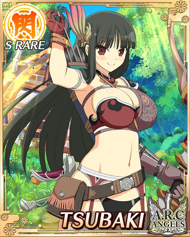 tsubaki (senran kagura), senran kagura, senran kagura new wave, game cg, official art, 1girl, alternate costume, archery, armband, armor, arrow (projectile), asymmetrical gloves, belt, belt buckle, belt pouch, bikini armor, black hair, black panties, blue sky, blunt bangs, blush, border, bow (weapon), bra, breasts, brown belt, brown bra, brown eyes, brown gloves, buckle, building, bush, card (medium), character name, chimney, cleavage, closed mouth, collarbone, compound bow, day, detached collar, english text, fantasy, forest, garter belt, gloves, grass, hair ornament, hime cut, holding, holding arrow, holding bow (weapon), holding weapon, house, large breasts, leaf, linea alba, long hair, looking at viewer, midriff, mismatched gloves, muneate, nature, navel, official alternate costume, outdoors, panties, pouch, quiver, red eyes, revealing clothes, shiny skin, shirt, shoulder armor, single shoulder pad, sky, smile, solo, standing, sunlight, thighhighs, tree, underwear, weapon