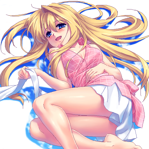 zen, kamio misuzu, air (visual novel), 00s, barefoot, blonde hair, blue eyes, casual, long hair, lying, oekaki, on back, solo, very long hair