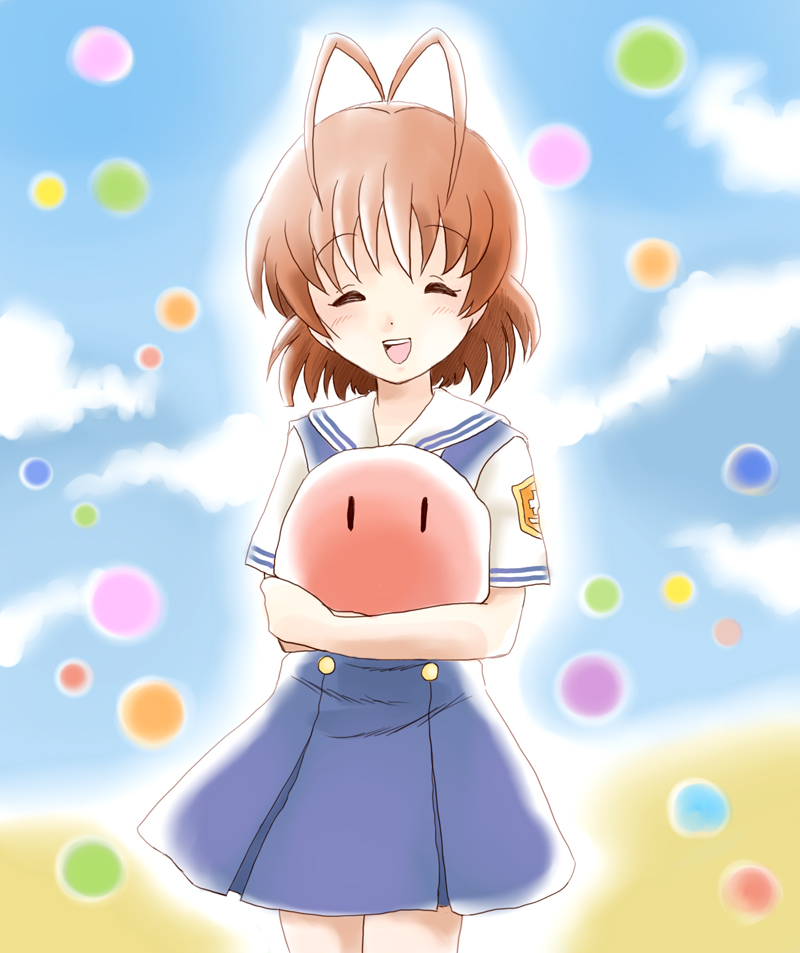 rinn, sakura (sepia rin), furukawa nagisa, clannad, dango daikazoku, bad id, bad pixiv id, 00s, 1girl, antenna hair, brown hair, closed eyes, dango, female focus, food, hug, school uniform, short hair, solo, wagashi