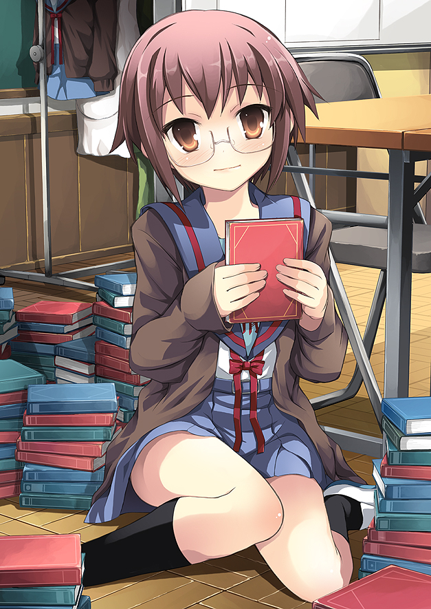 yuuji overall, nagato yuki, suzumiya haruhi no shoushitsu, suzumiya haruhi no yuuutsu, bad id, bad pixiv id, 00s, 10s, blush, book, cardigan, glasses, purple hair, school uniform, serafuku, short hair, smile, solo