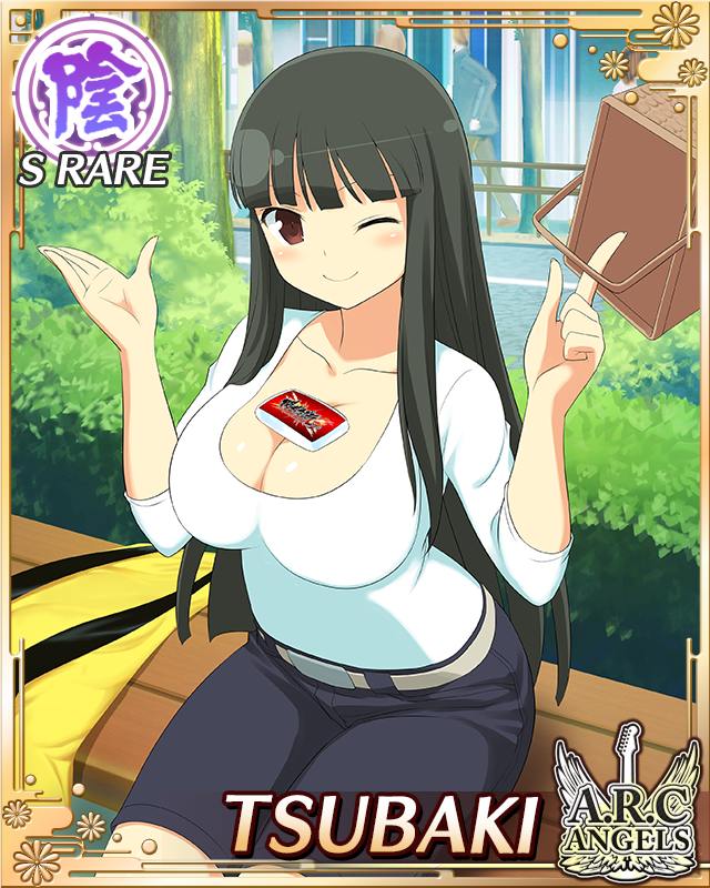 tsubaki (senran kagura), senran kagura, senran kagura new wave, game cg, official art, 1girl, arms up, basket, bench, black hair, black shorts, border, breasts, card (medium), character name, city, cleavage, closed mouth, english text, hime cut, holding, holding basket, large breasts, light blush, long hair, looking at viewer, object on breast, official alternate costume, one eye closed, outdoors, red eyes, road, shirt, shorts, sitting, smile, solo, street, tree, white shirt