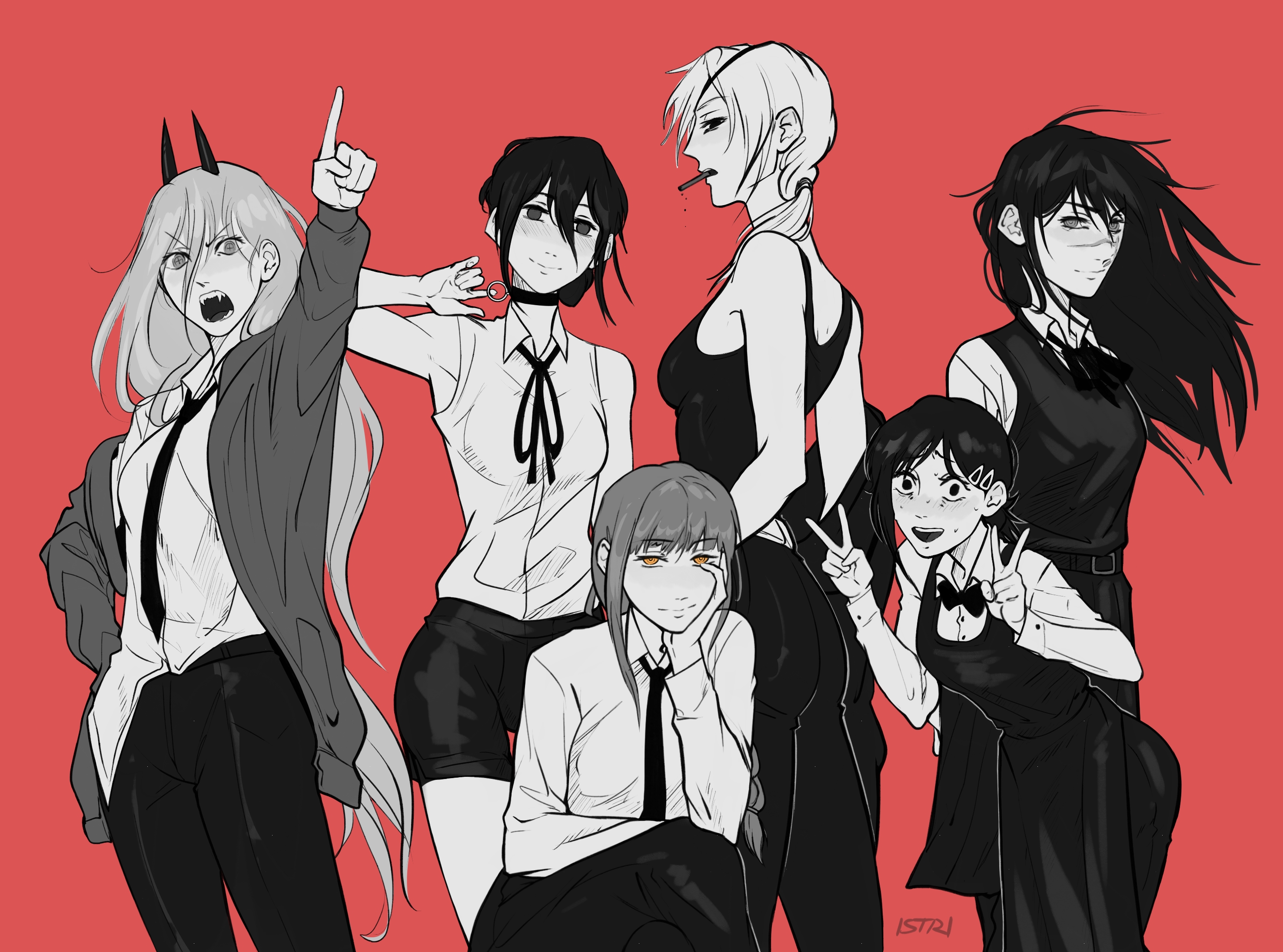 snagtherabbit, higashiyama kobeni, makima (chainsaw man), power (chainsaw man), quanxi (chainsaw man), reze (chainsaw man), yoru (chainsaw man), chainsaw man, highres, 6+girls, black necktie, black pants, braid, braided ponytail, closed mouth, collared shirt, cross-shaped pupils, demon girl, demon horns, formal clothes, hair between eyes, horns, long hair between eyes, long sleeves, mole, mole on cheek, mole under eye, mole under mouth, multiple girls, necktie, pants, pants rolled up, ponytail, red horns, ringed eyes, sharp teeth, shirt, shirt partially tucked in, shirt tucked in, short ponytail, symbol-shaped pupils, teeth, yellow eyes