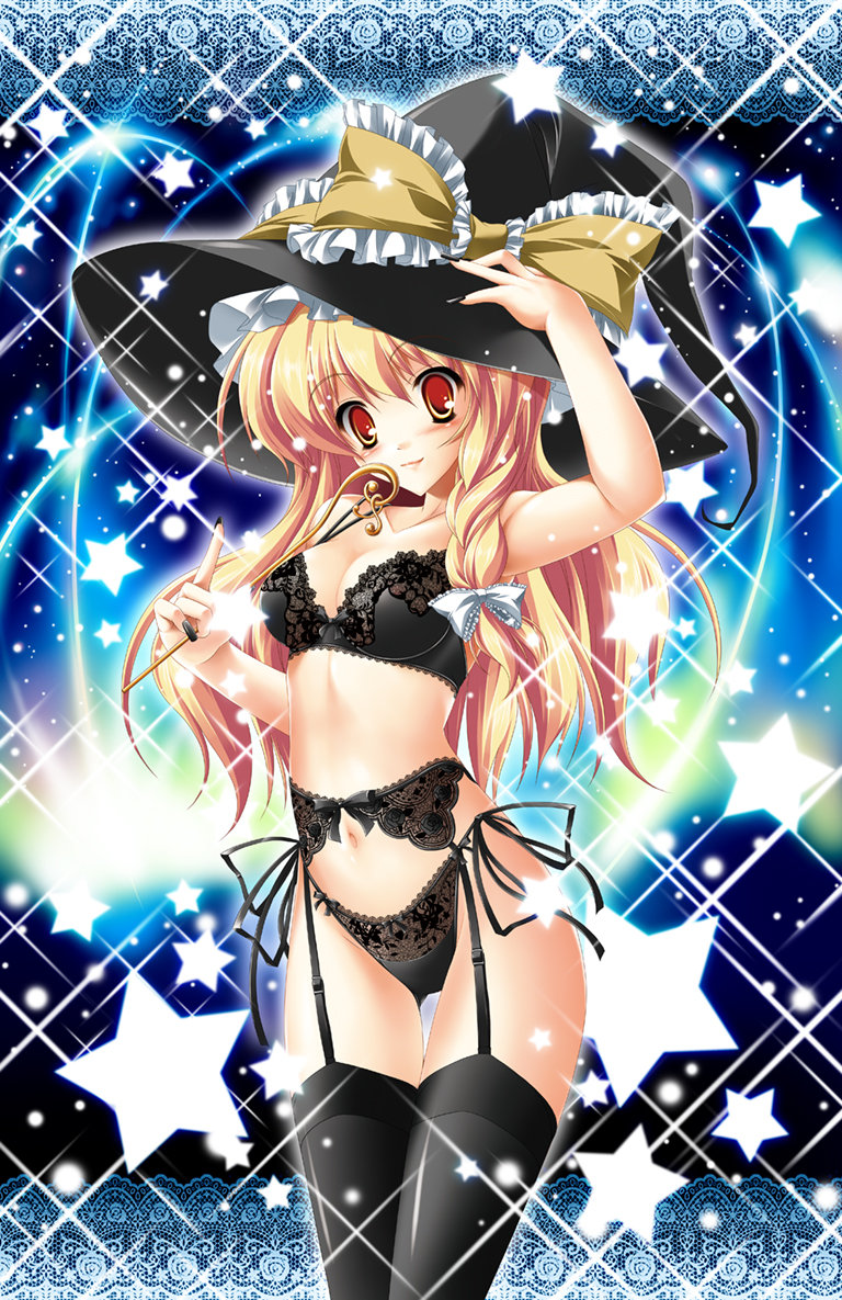 kamiya tomoe, kirisame marisa, touhou, 1girl, black nails, blonde hair, bra, braid, female focus, garter belt, hair ribbon, hat, lingerie, nail polish, navel, panties, pink theme, red eyes, ribbon, short hair, side-tie panties, solo, sparkle, star (symbol), thighhighs, underwear, underwear only, witch, witch hat