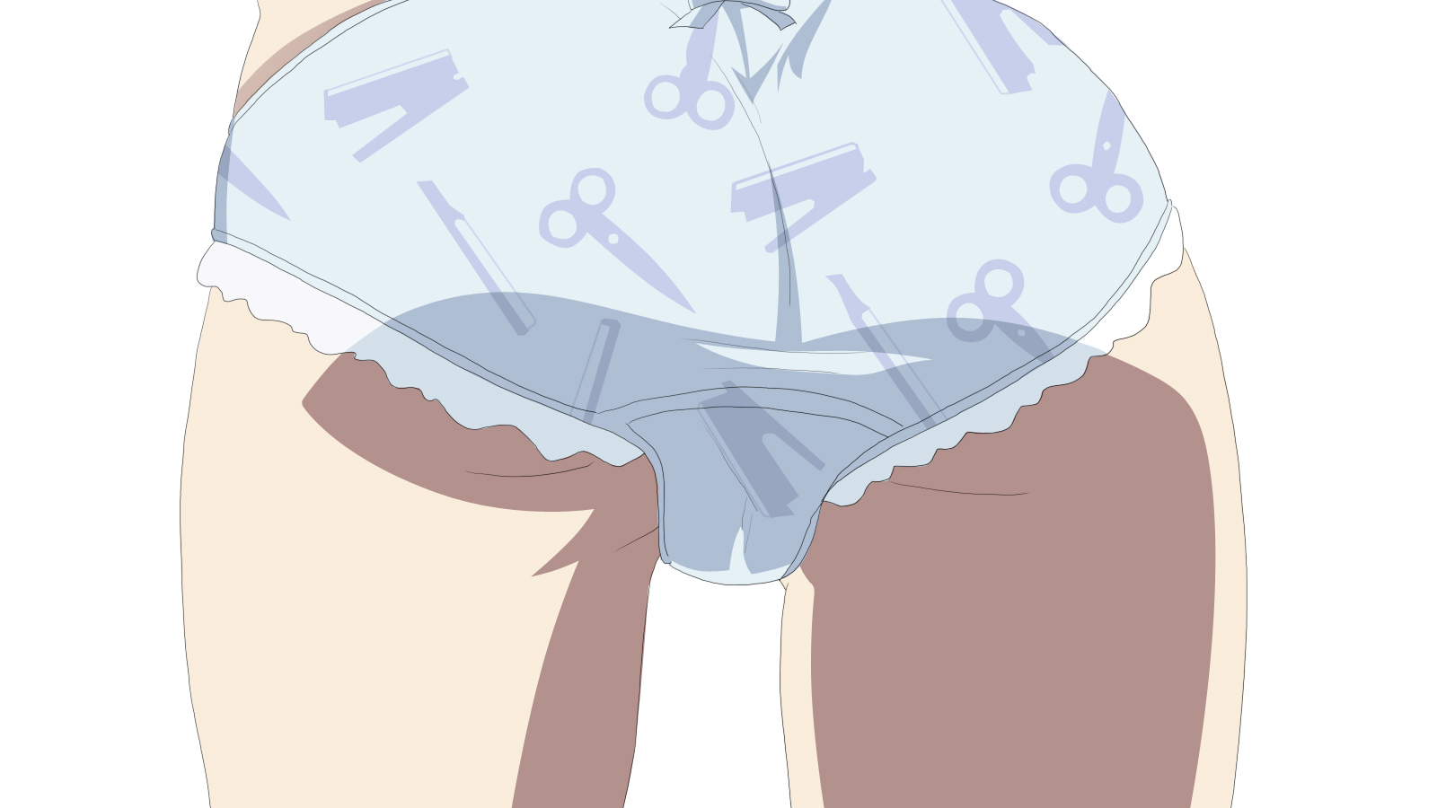 kuresu (alice-pma), senjougahara hitagi, bakemonogatari, monogatari (series), bad id, bad pixiv id, highres, 00s, 1girl, ass, ass focus, bow, bow panties, close-up, female focus, from behind, panties, print panties, scissors, solo, stapler, underwear