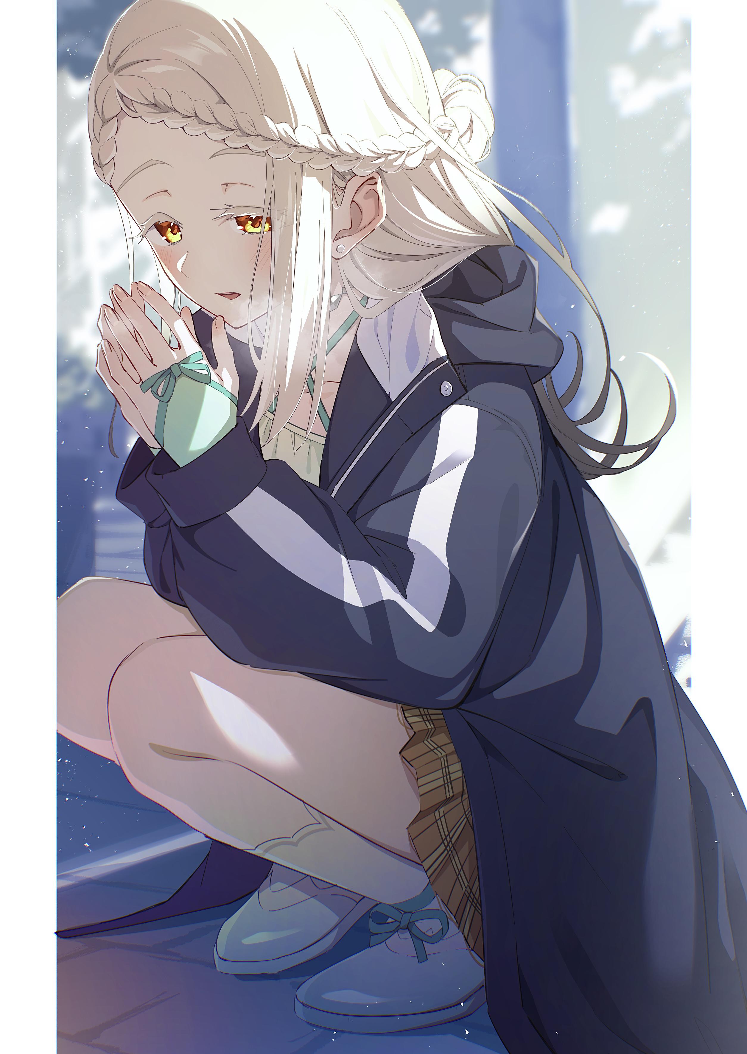 tamago sando, shinosawa hiro, gakuen idolmaster, idolmaster, absurdres, commentary request, highres, 1girl, black jacket, blonde hair, blurry, blurry background, blush, braid, braided bangs, breathing on hands, jacket, koukei (idolmaster), long hair, long sleeves, orange eyes, outside border, pillarboxed, pleated skirt, shoes, skirt, solo, squatting, warming hands, winter