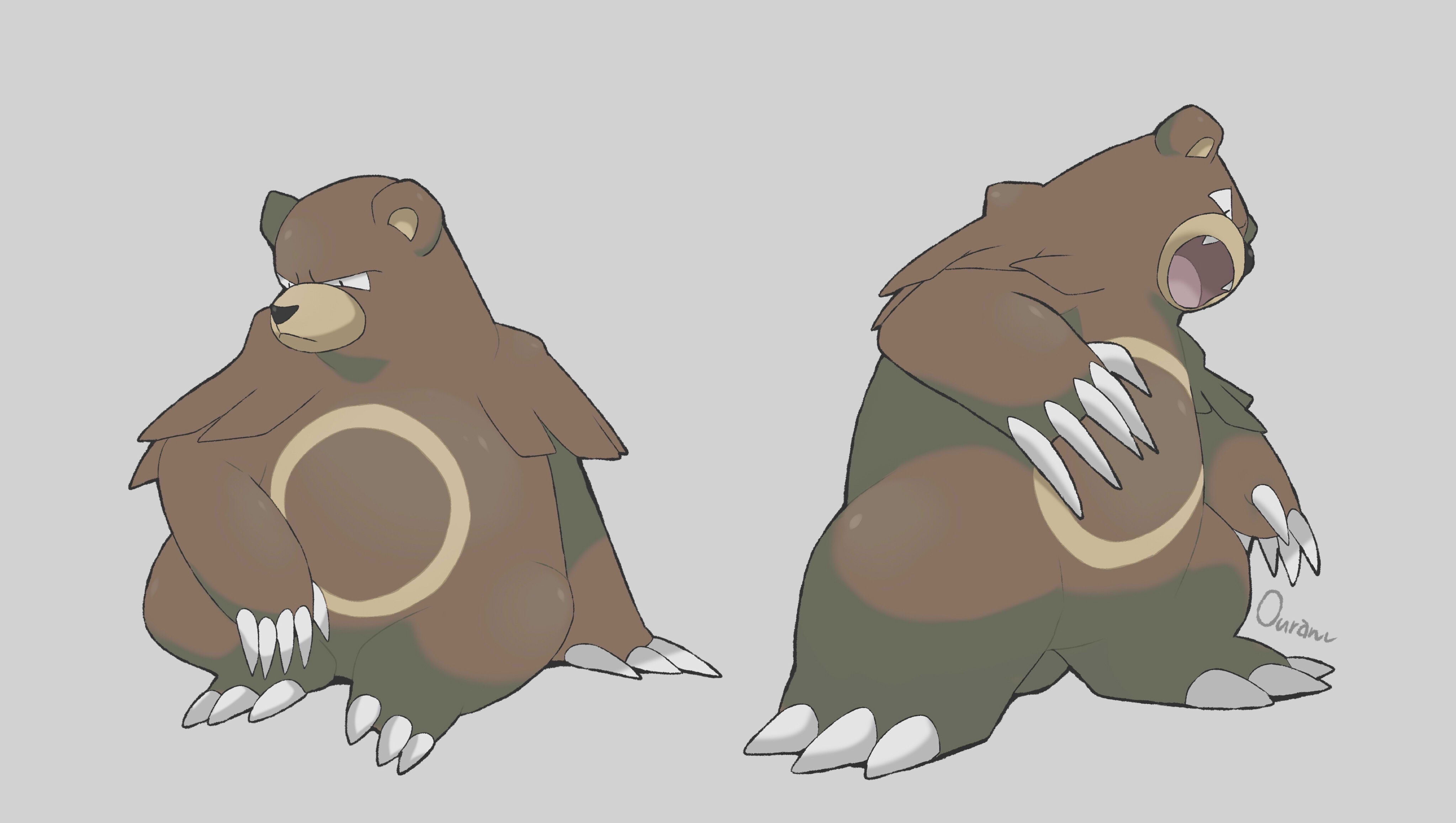 ouran, ursaring, nintendo, pokemon, absurdres, commentary request, highres, arm support, bear, closed mouth, fangs, full body, gen 2 pokemon, grey background, no humans, open mouth, pokemon (creature), simple background, sitting, standing