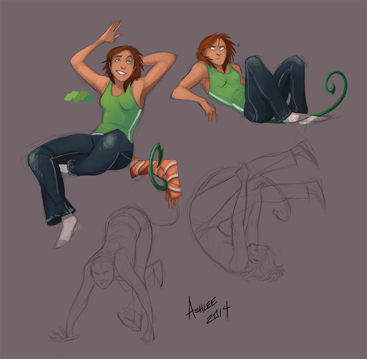 original, 1girl, annoyed, clothes around waist, collarbone, dated, denim, english text, full body, greekceltic, green eyes, green tank top, hands on own hips, jacky (greekceltic), jeans, lying, medium hair, multiple persona, orange hair, pants, salute, scarf, shoes, signature, simple background, sitting, sketch, smile, solo, tail, tank top