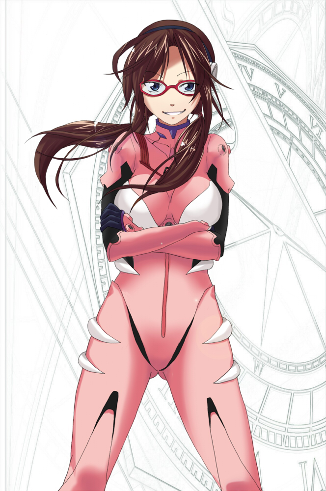 ooike teru, makinami mari illustrious, neon genesis evangelion, rebuild of evangelion, 00s, 1girl, breasts, brown hair, crossed arms, female focus, glasses, mecha pilot suit, plugsuit (evangelion), solo, twintails, white background