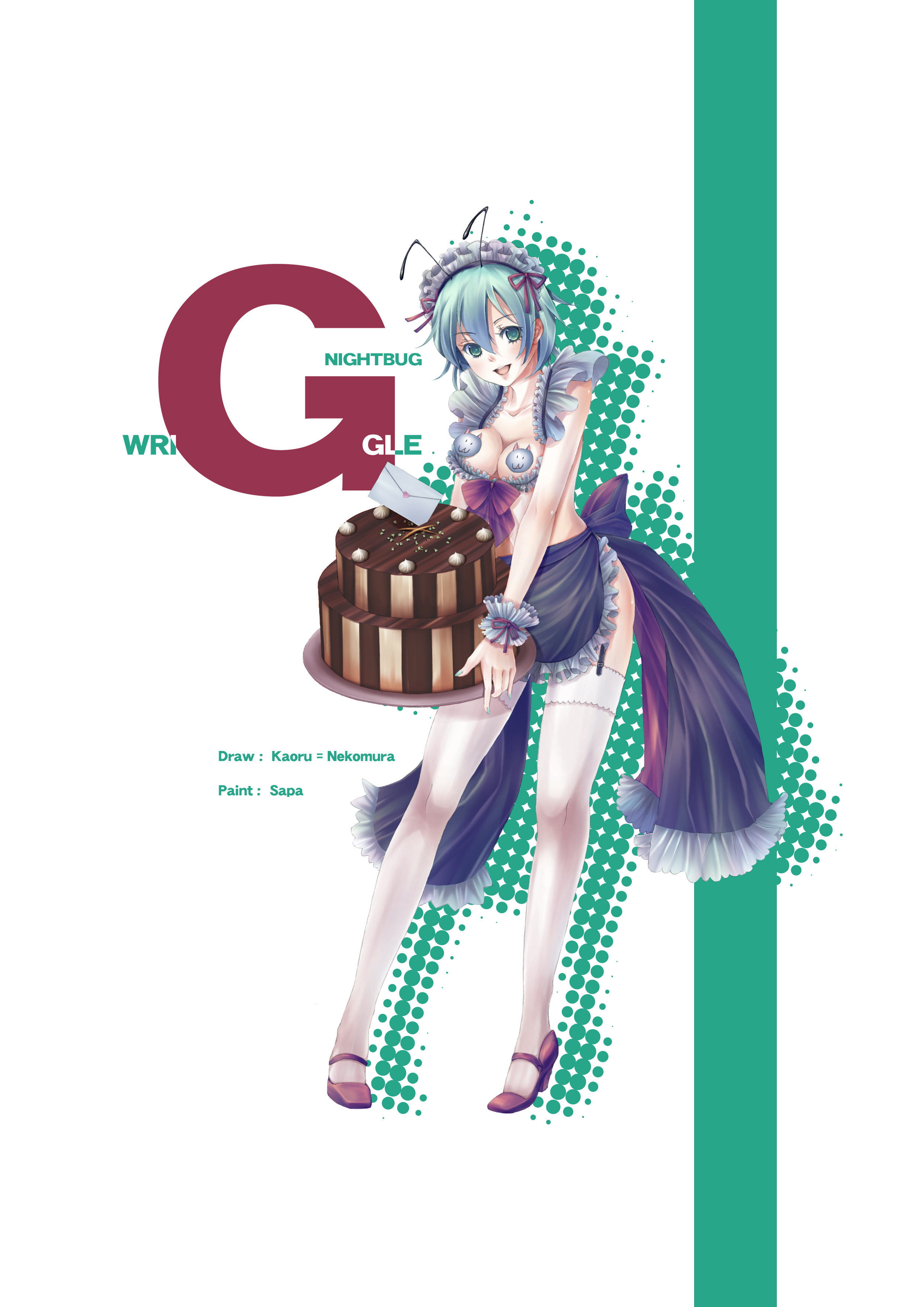 gabriel kaoru, nekomura kaoru, wriggle nightbug, touhou, absurdres, highres, 1girl, animal ears, antennae, aqua nails, breasts, cake, cleavage, female focus, food, green eyes, green hair, headband, large breasts, maid headdress, matching hair/eyes, nail polish, pastry, short hair, solo, thighhighs, wrist cuffs