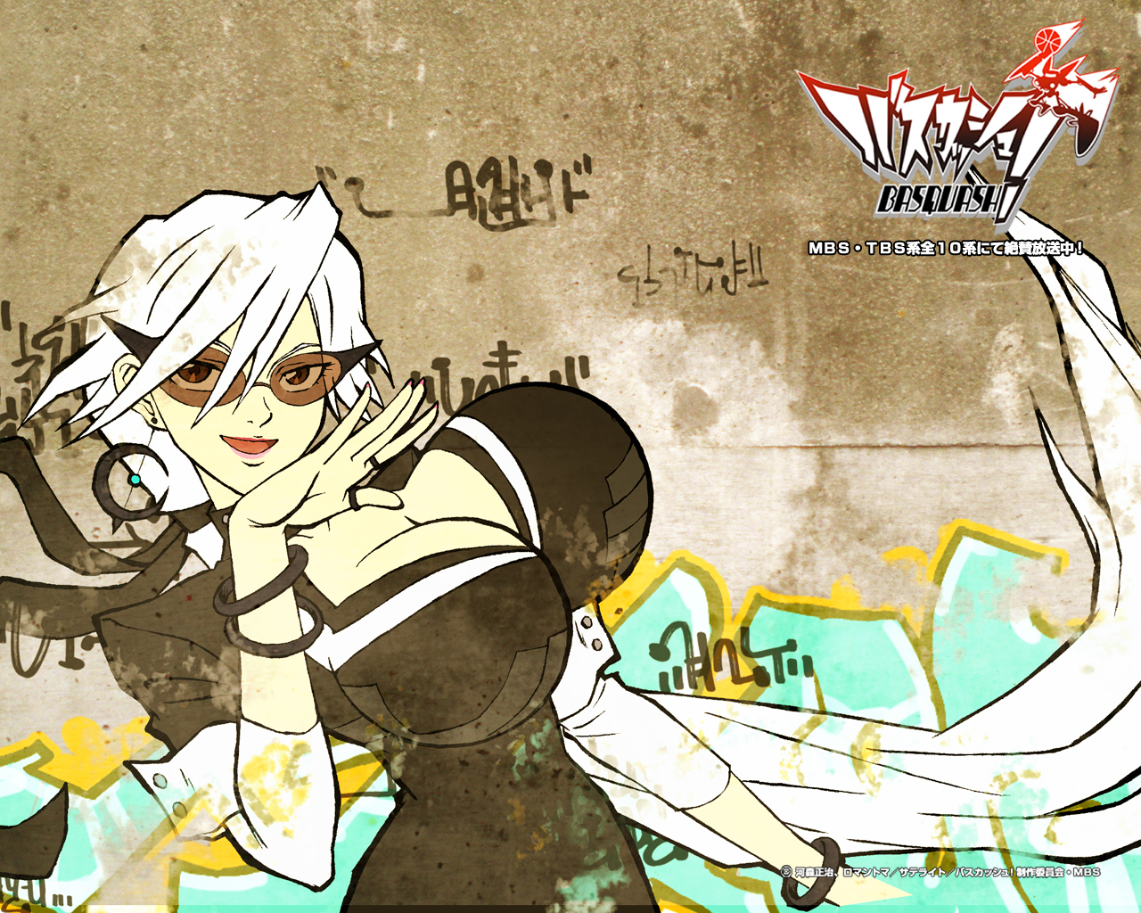 haruka gracia, basquash!, official art, official wallpaper, 00s, 1girl, breasts, cleavage, cleavage cutout, clothing cutout, copyright name, earrings, female focus, glasses, huge breasts, jewelry, lipstick, long hair, makeup, ponytail, skin tight, solo, sunglasses, white hair