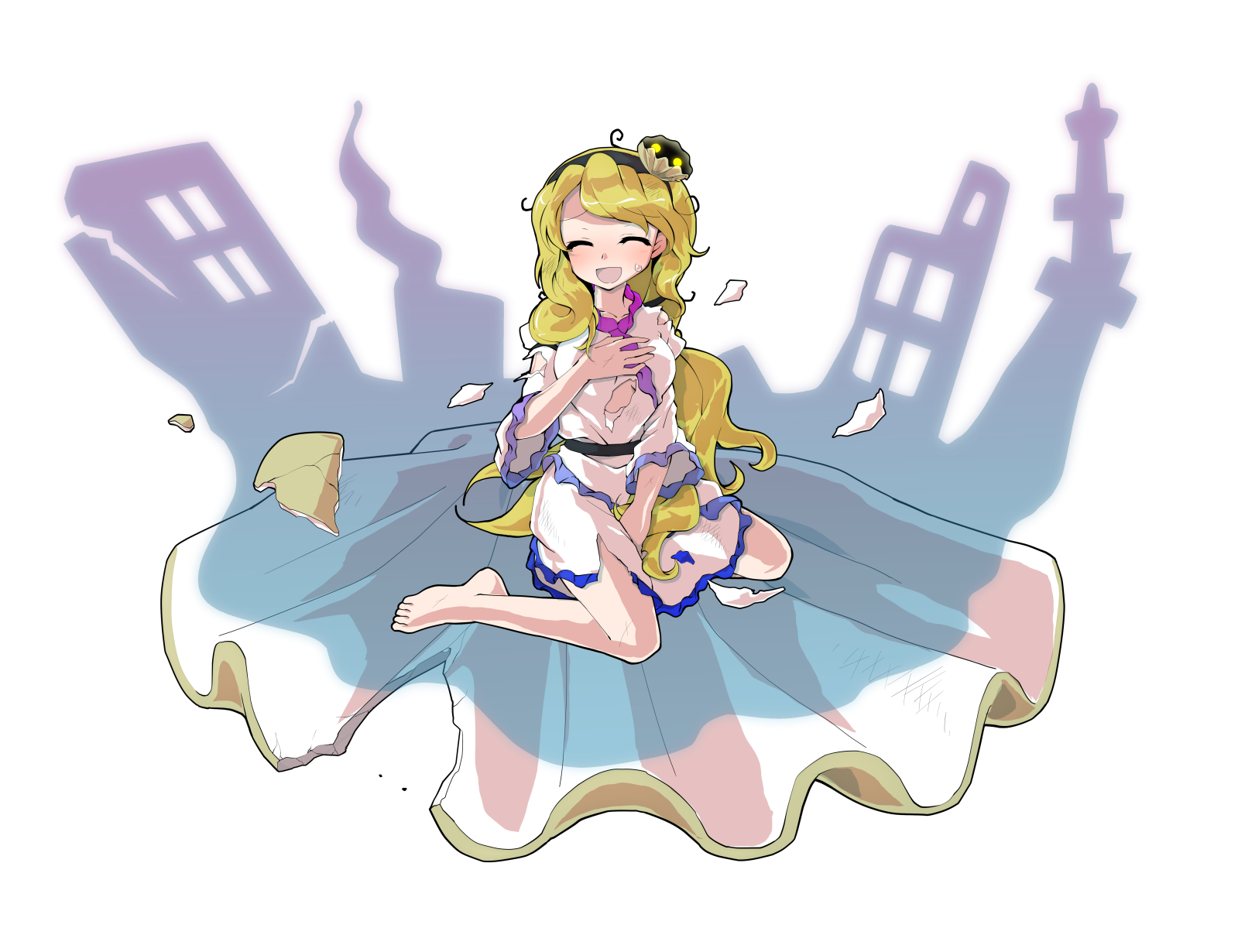 dairi, watari nina, fossilized wonders, touhou, commentary request, highres, large variant set, variant set, 1girl, alphes (style), barefoot, between legs, black hairband, blonde hair, blush, breasts, clam shell ornament, collarbone, defeat, dress, frilled sleeves, frills, full body, hairband, hand between legs, hand on own chest, long hair, medium breasts, parody, side slit, solo, style parody, tachi-e, torn clothes, transparent background, very long hair, wavy hair, white dress, wide sleeves