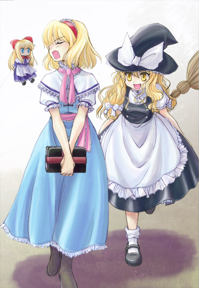 mikagami hiyori, alice margatroid, kirisame marisa, shanghai doll, touhou, 2girls, blonde hair, blue eyes, book, braid, broom, dress, female focus, hair ribbon, hairband, hat, long hair, multiple girls, ribbon, short hair, smile, tsundere, witch, witch hat, yellow eyes