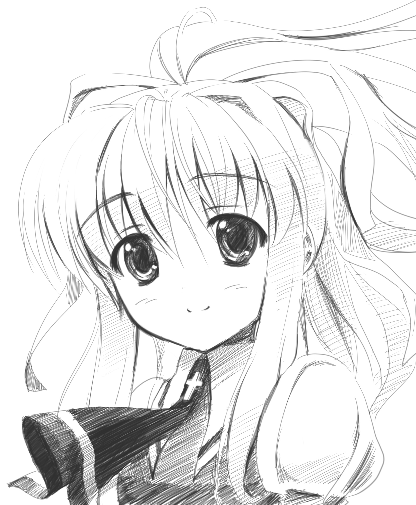 kohinore, kamio misuzu, air (visual novel), bad id, bad pixiv id, highres, 00s, greyscale, long hair, monochrome, ponytail, school uniform