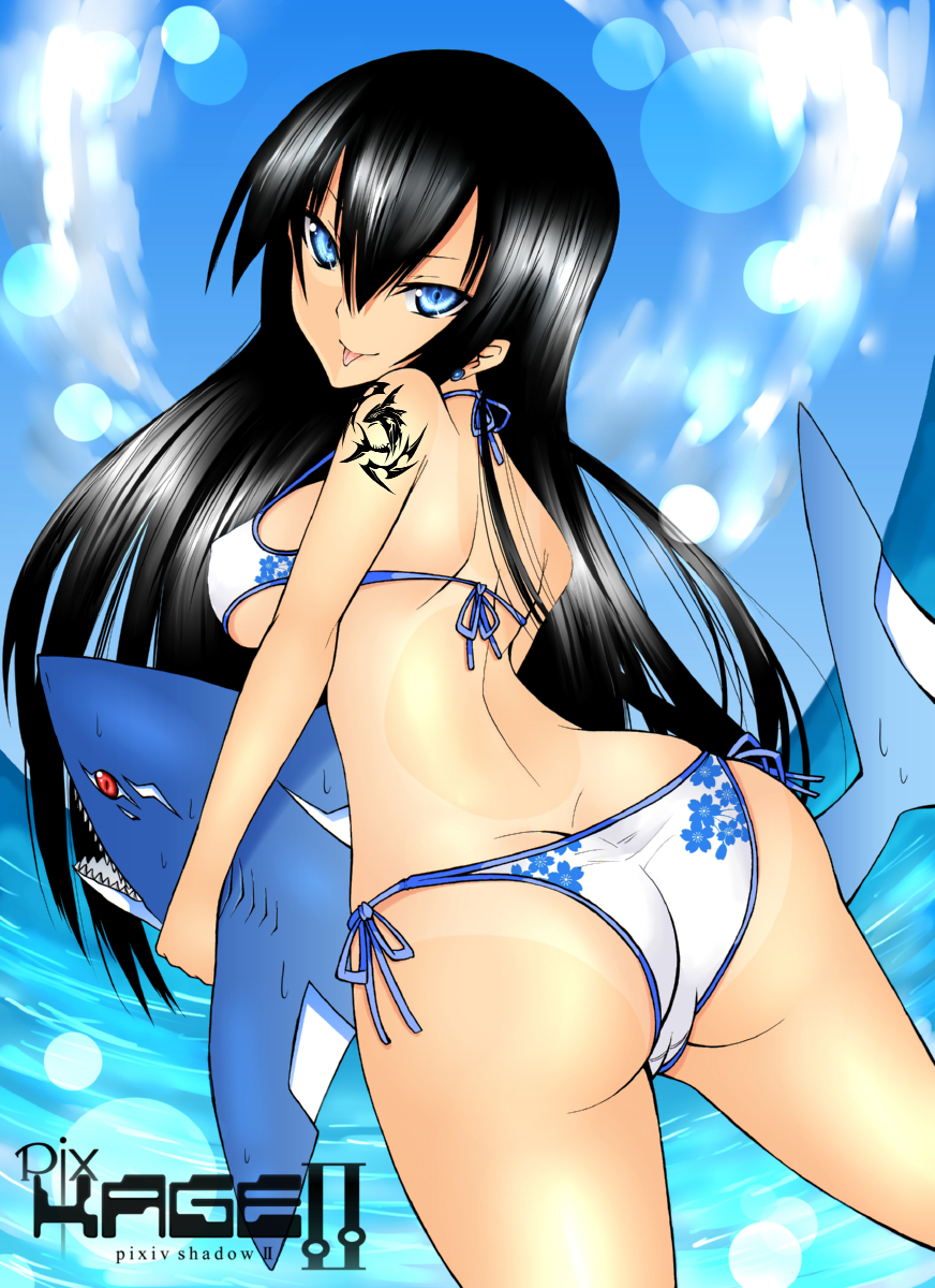 daive, pixiv shadow, bad id, bad pixiv id, highres, 1girl, :p, ass, bikini, black hair, blue eyes, cameltoe, day, female focus, huge ass, looking back, shark, side-tie bikini bottom, solo, swimsuit, tattoo, tongue, tongue out