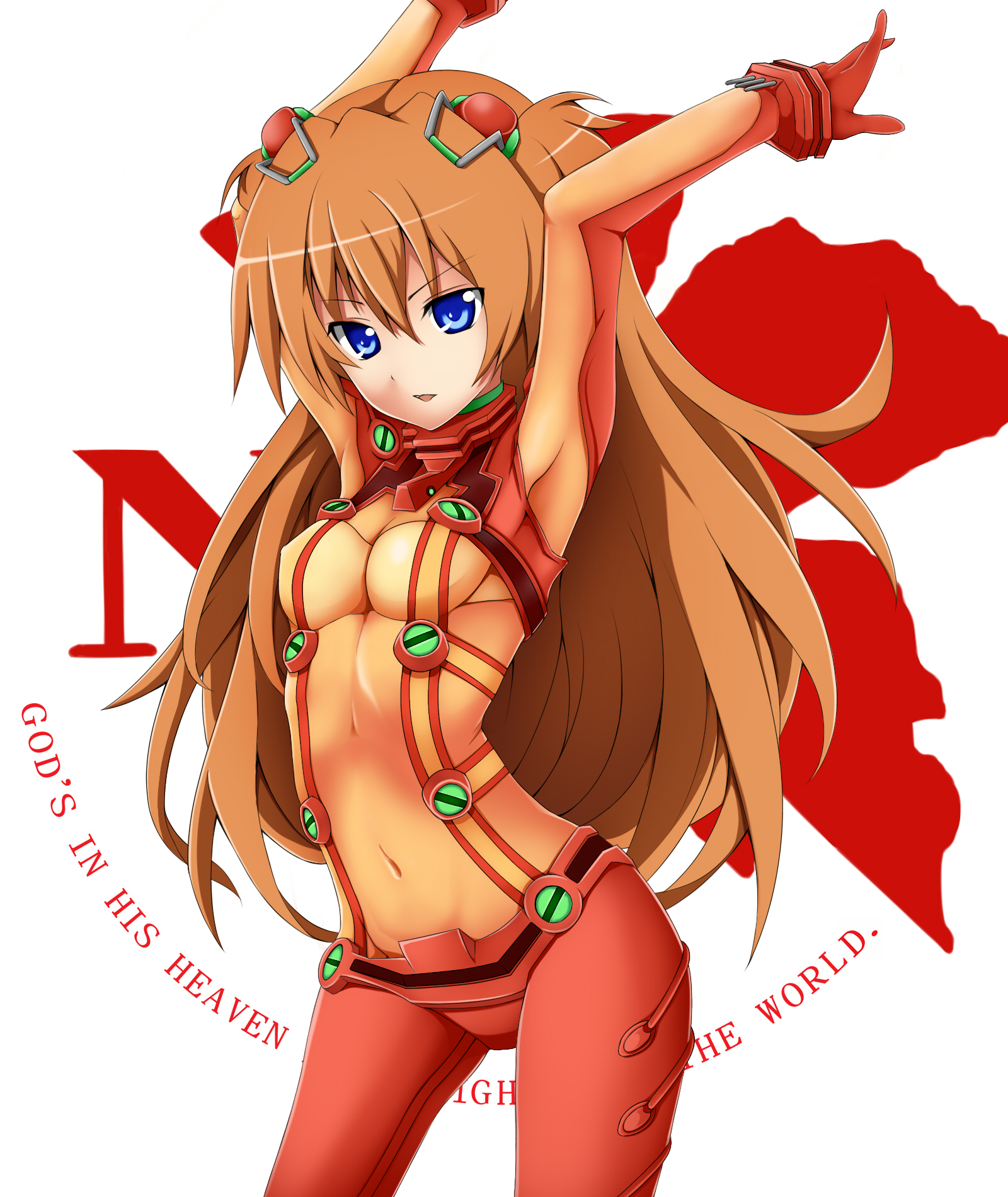 nemu (nebusokugimi), souryuu asuka langley, evangelion: 2.0 you can (not) advance, neon genesis evangelion, rebuild of evangelion, highres, 00s, 1girl, armpits, arms up, blue eyes, bodysuit, breasts, cleavage, female focus, long hair, mecha pilot suit, navel, nerv, orange hair, plugsuit (evangelion), see-through cleavage, see-through clothes, solo, test plugsuit (evangelion)