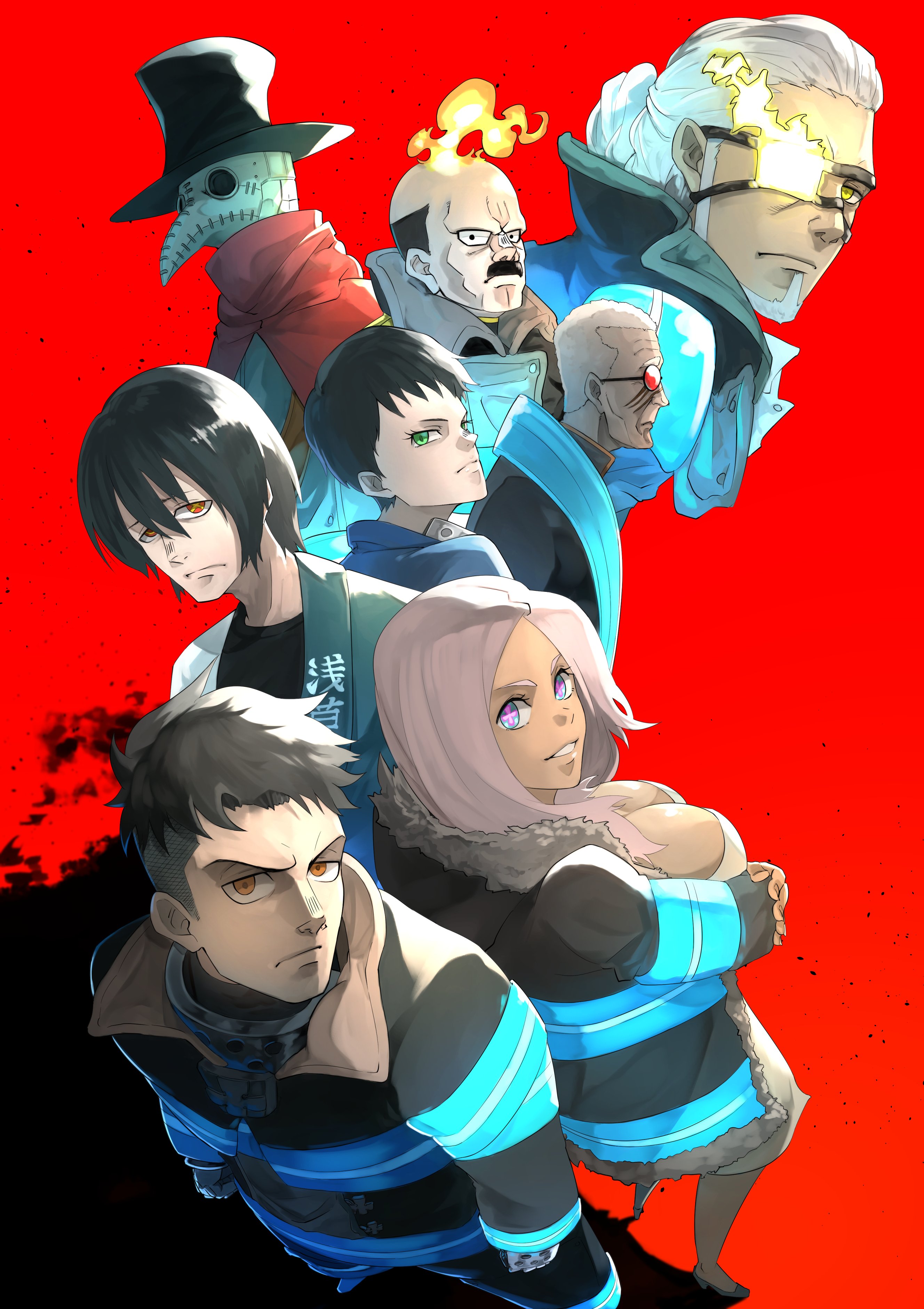 ibaraki shun, hibana (enen no shouboutai), en'en no shouboutai, blue eyes, breasts, cleavage, coat, dress, large breasts, long hair, parted lips