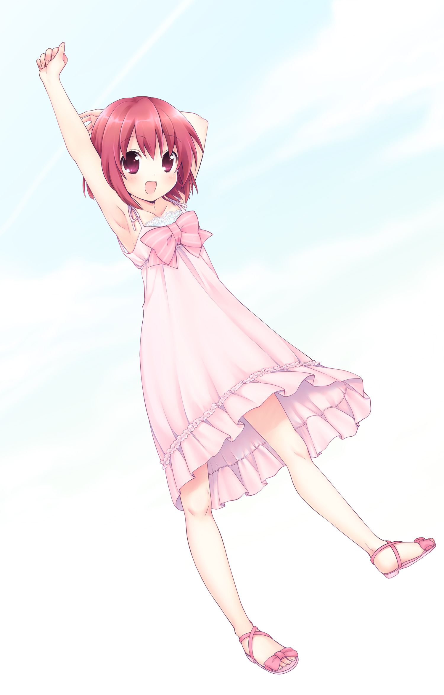 usashiro mani, kushieda minori, toradora!, bad id, bad pixiv id, highres, 00s, 1girl, armpits, arms up, dress, female focus, open mouth, red eyes, red hair, sandals, short hair, solo, sundress