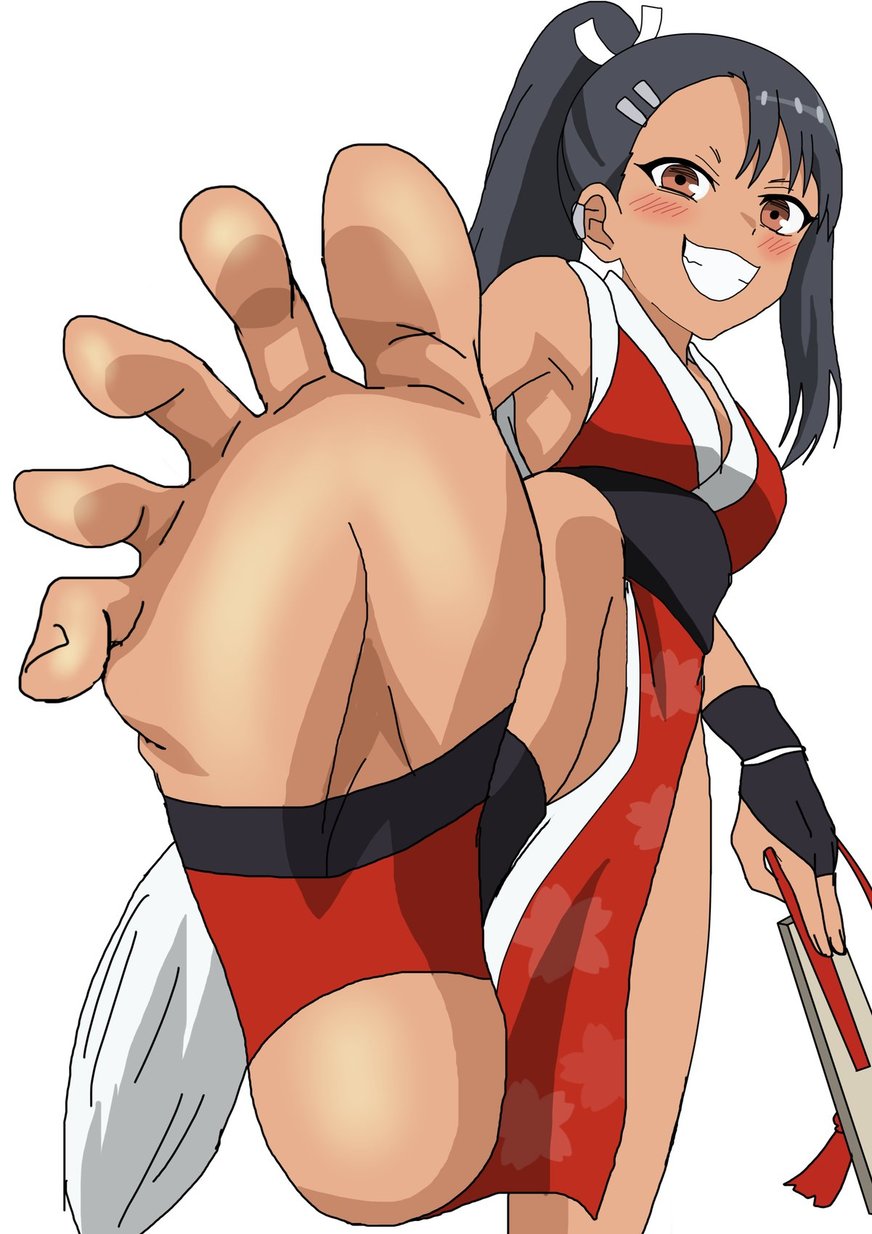 riokasen, nagatoro hayase, ijiranaide nagatoro-san, highres, 1girl, barefoot, black hair, blush, brown eyes, dark-skinned female, dark skin, feet, grin, long hair, looking at viewer, ponytail, shiranui mai (cosplay), smile, soles, stirrup legwear, toeless legwear, toes