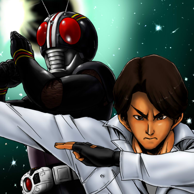 etsuzan jakusui, select, select (dragon62), kamen rider black, minami kotaro, minami koutarou, kamen rider, kamen rider black (series), 1boy, belt, fingerless gloves, gloves, gradient background, henshin, male focus, solo, upper body