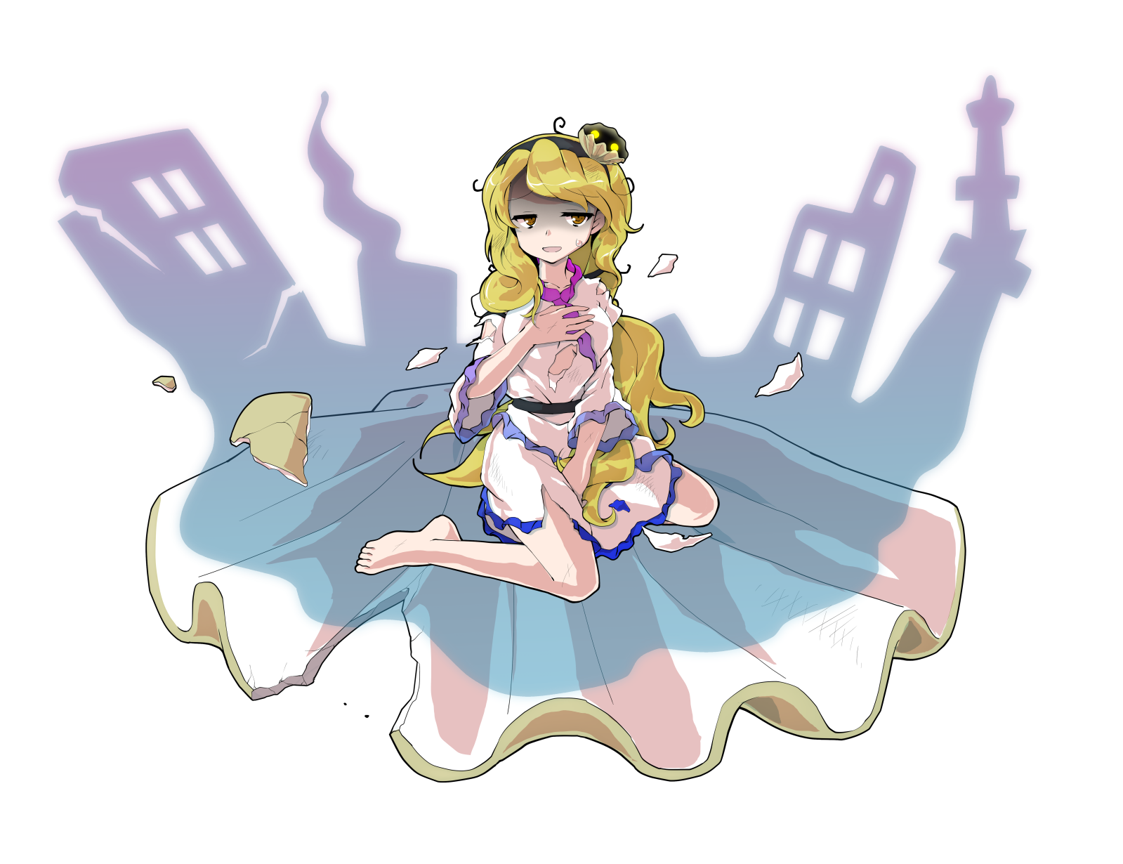 dairi, watari nina, fossilized wonders, touhou, commentary request, highres, large variant set, variant set, 1girl, alphes (style), barefoot, between legs, black hairband, blonde hair, blush, breasts, clam shell ornament, collarbone, defeat, dress, frilled sleeves, frills, full body, hairband, hand between legs, hand on own chest, long hair, medium breasts, parody, shaded face, side slit, solo, style parody, tachi-e, torn clothes, transparent background, very long hair, wavy hair, white dress, wide sleeves