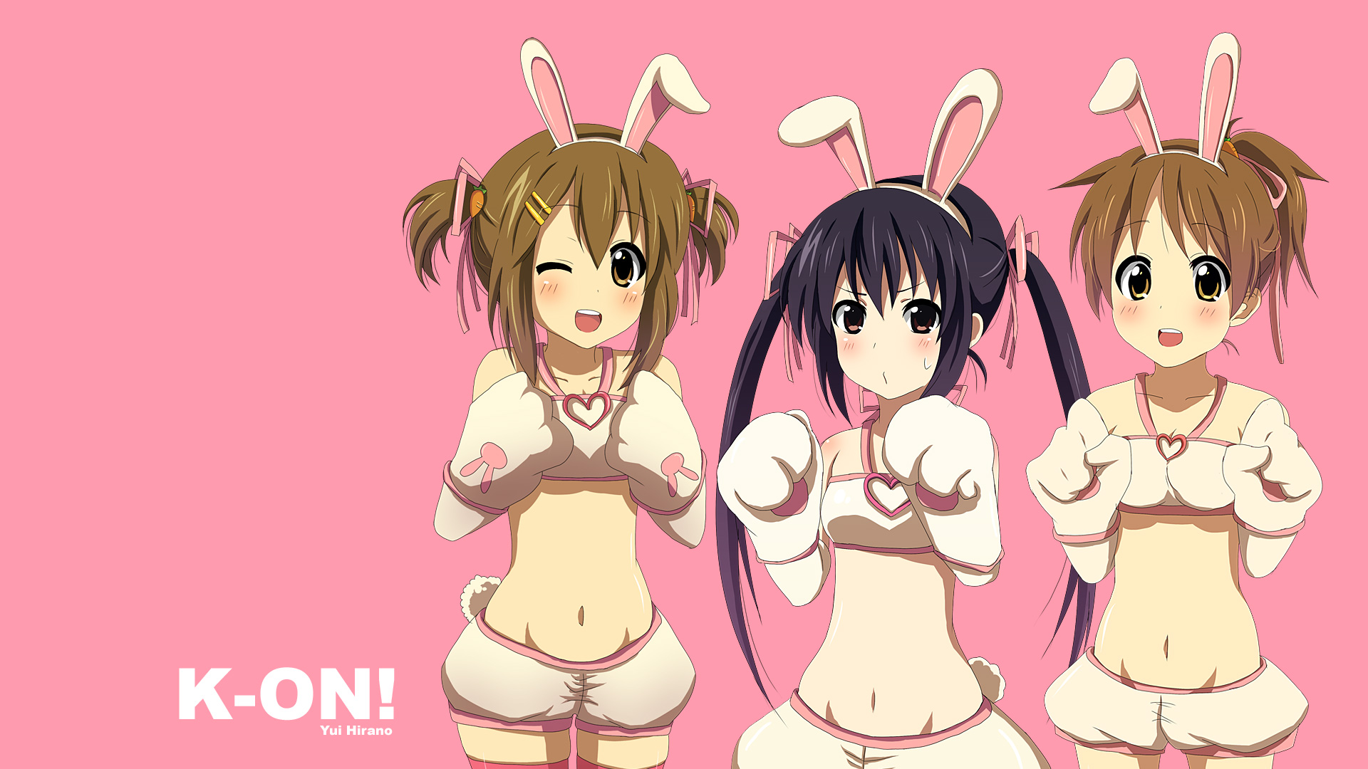 hirano yui, hirasawa ui, hirasawa yui, nakano azusa, pipin, k-on!, pangya, highres, 3girls, animal ears, animal hands, bare shoulders, black hair, blush, brown eyes, cosplay, groin, midriff, multiple girls, navel, one eye closed, pipin (cosplay), rabbit ears, twintails, wink