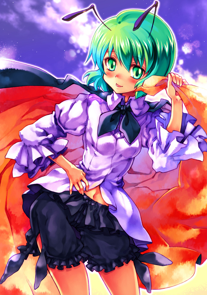 arai kuma, wriggle nightbug, touhou, bad id, bad pixiv id, 1girl, antennae, cape, female focus, green eyes, green hair, matching hair/eyes, navel, short hair, shorts, solo