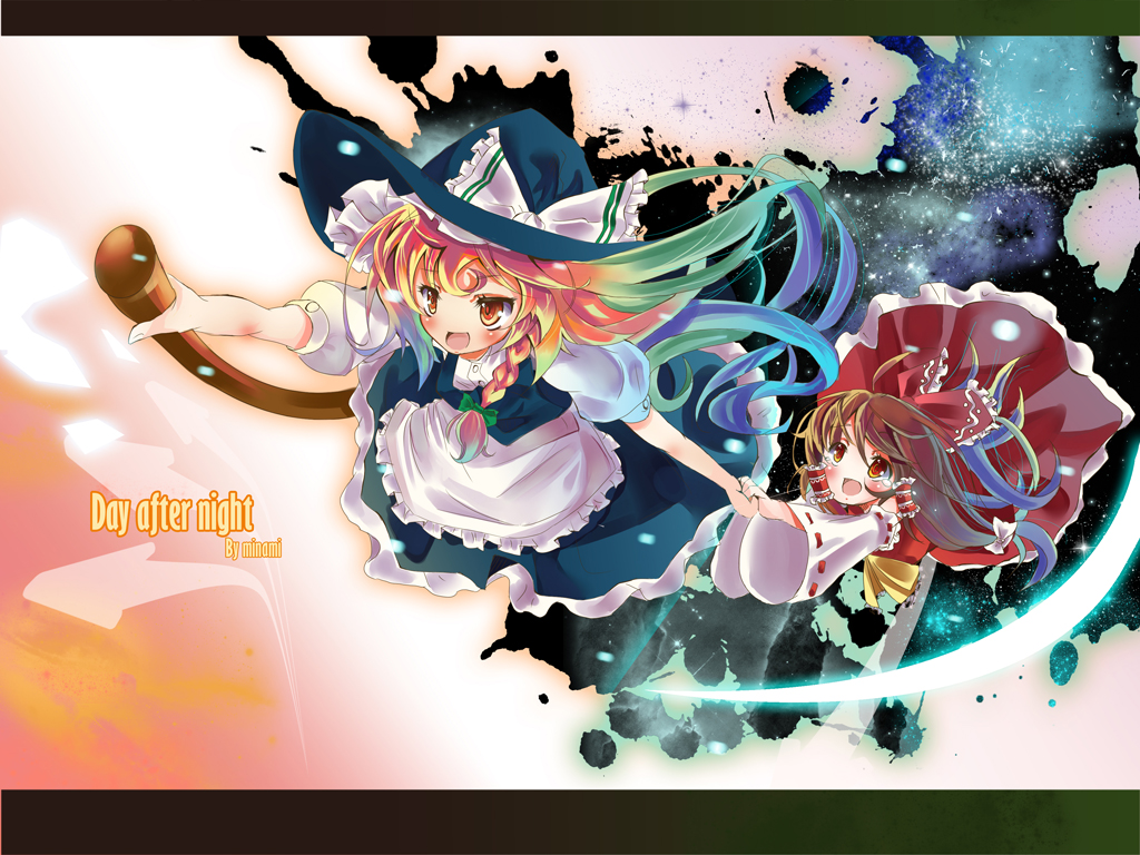 minami-nyan, hakurei reimu, kirisame marisa, touhou, bad id, bad pixiv id, 2girls, bow, braid, broom, brown hair, detached sleeves, female focus, hat, japanese clothes, letterboxed, miko, multiple girls, short hair, witch, witch hat, yellow eyes