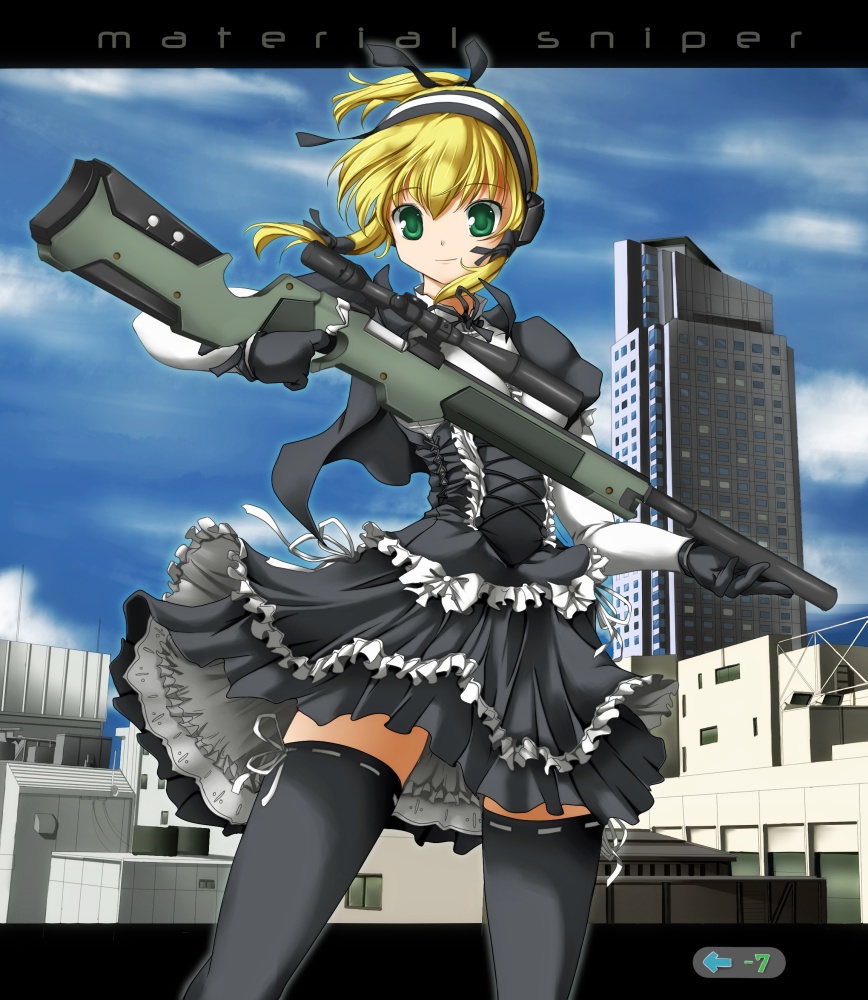 ashita yaru, iris (material sniper), material sniper, 1girl, black dress, black thighhighs, blonde hair, building, cloud, day, dress, ear protection, female focus, goth fashion, gothic lolita, green eyes, green hair, gun, lolita fashion, matching hair/eyes, rifle, scope, short hair, sky, sniper rifle, solo, suppressor, thighhighs, weapon, zettai ryouiki